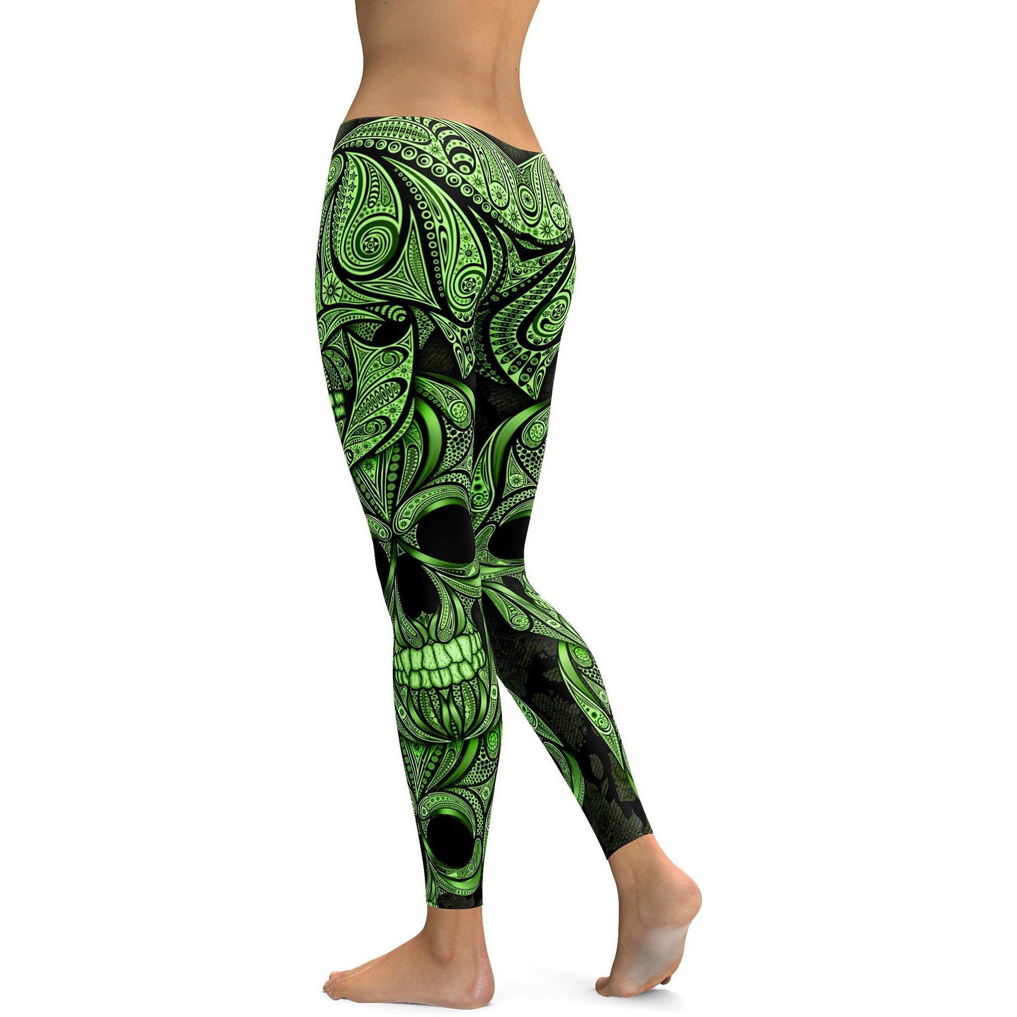 Green Ornamental Skull Leggings - GearBunch Leggings / Yoga Pants