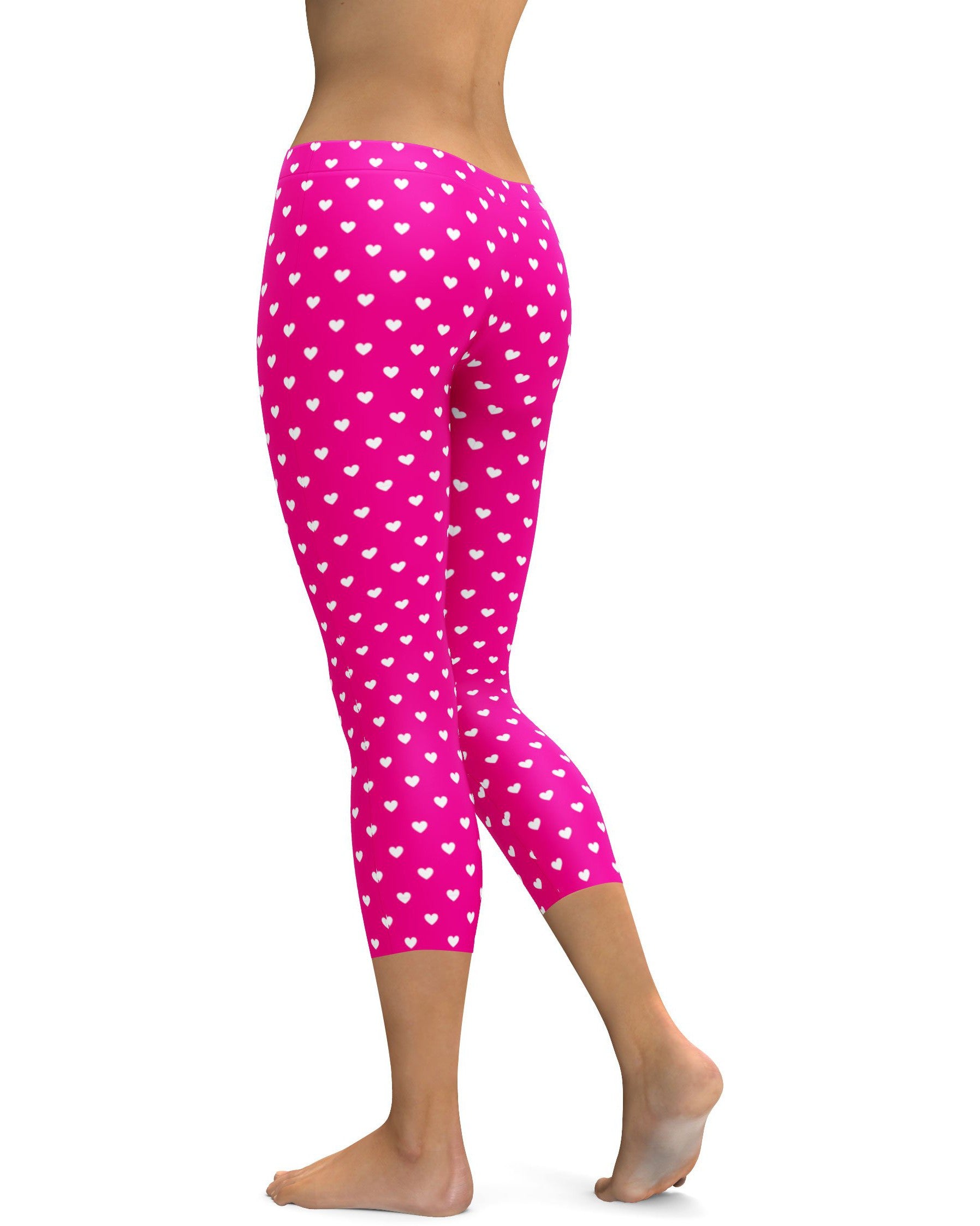 White Mini Hearts Pink Capris - GearBunch Leggings / Yoga Pants