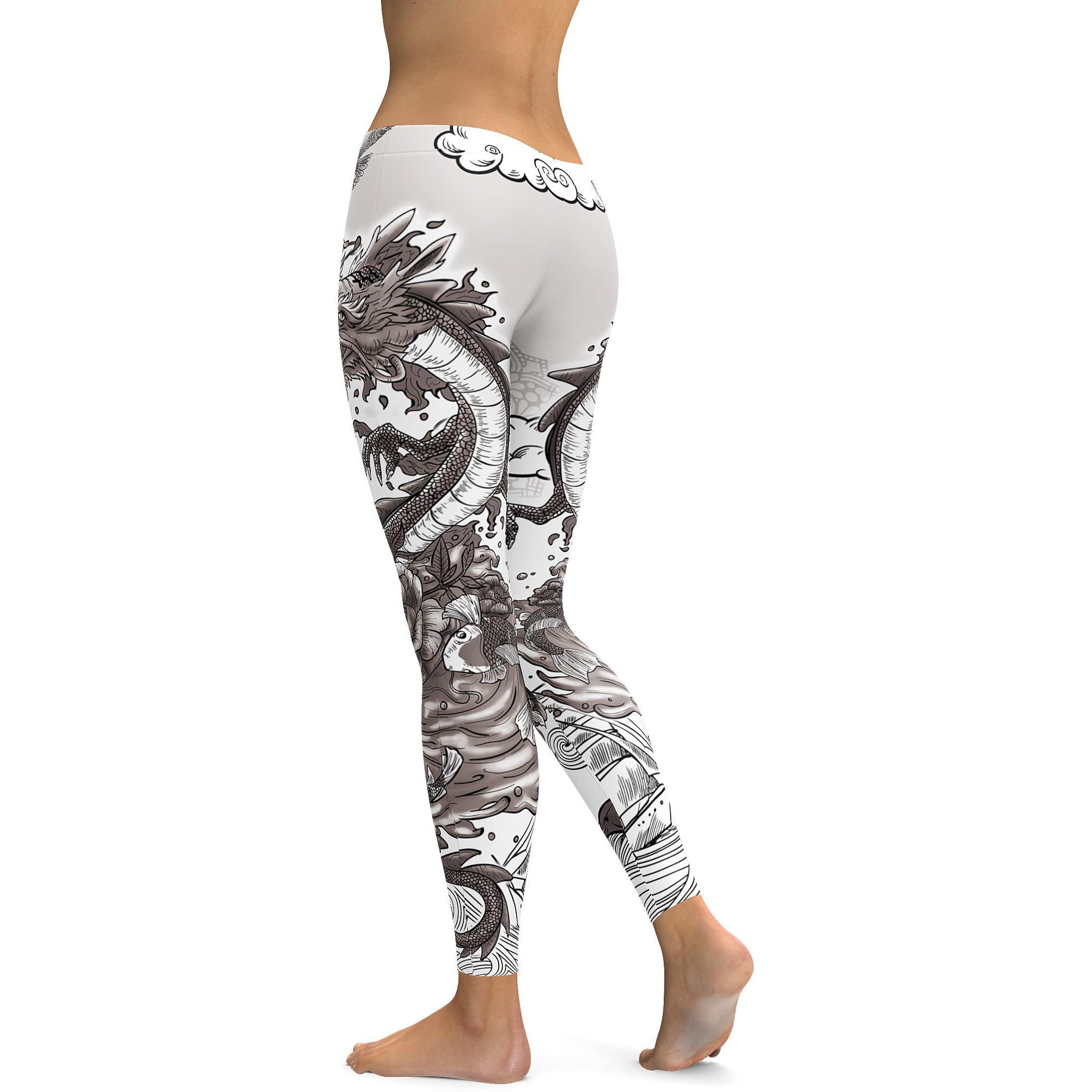 B&W Tattooed Dragon Leggings - GearBunch Leggings / Yoga Pants