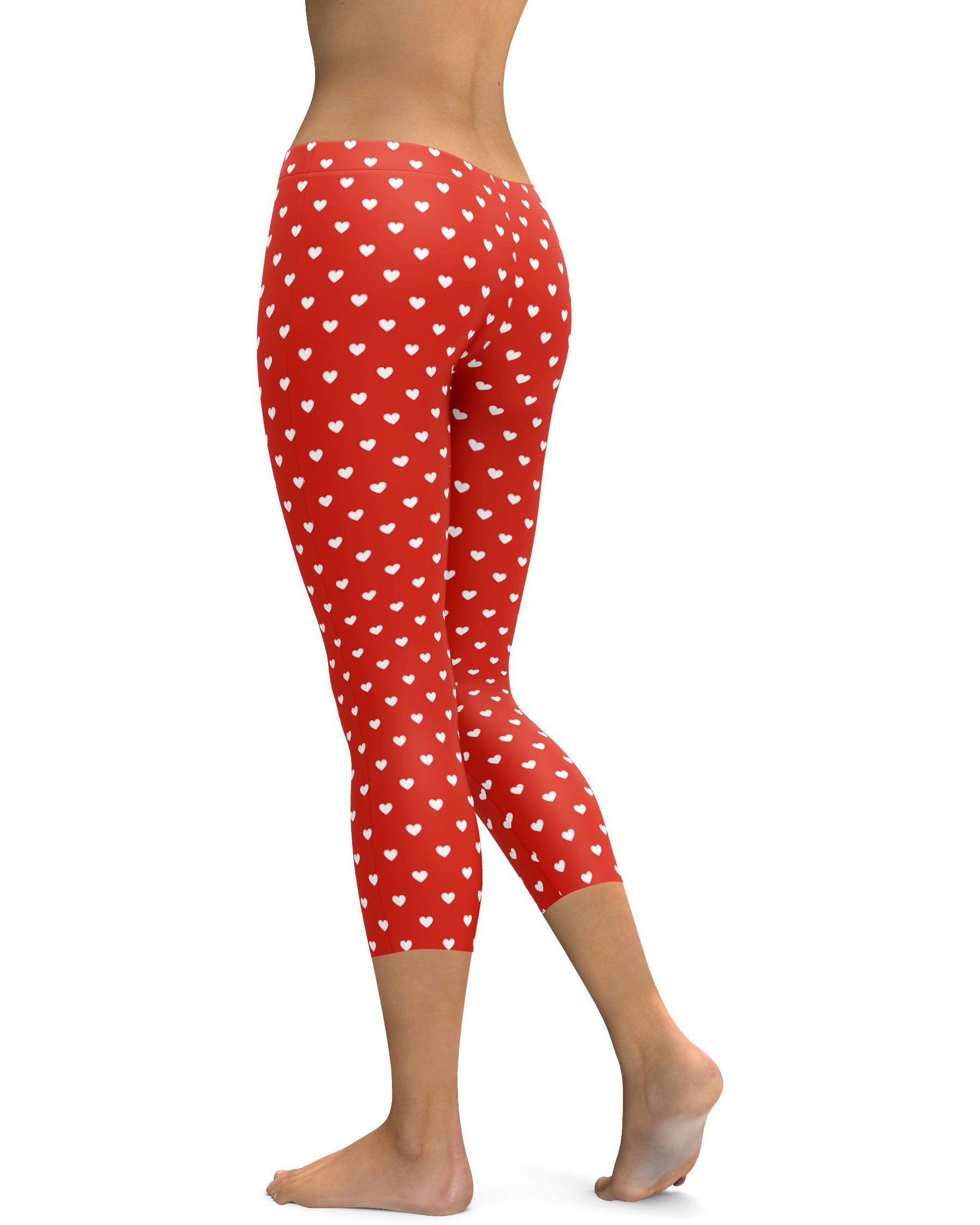 White Mini Hearts Red Capris - GearBunch Leggings / Yoga Pants