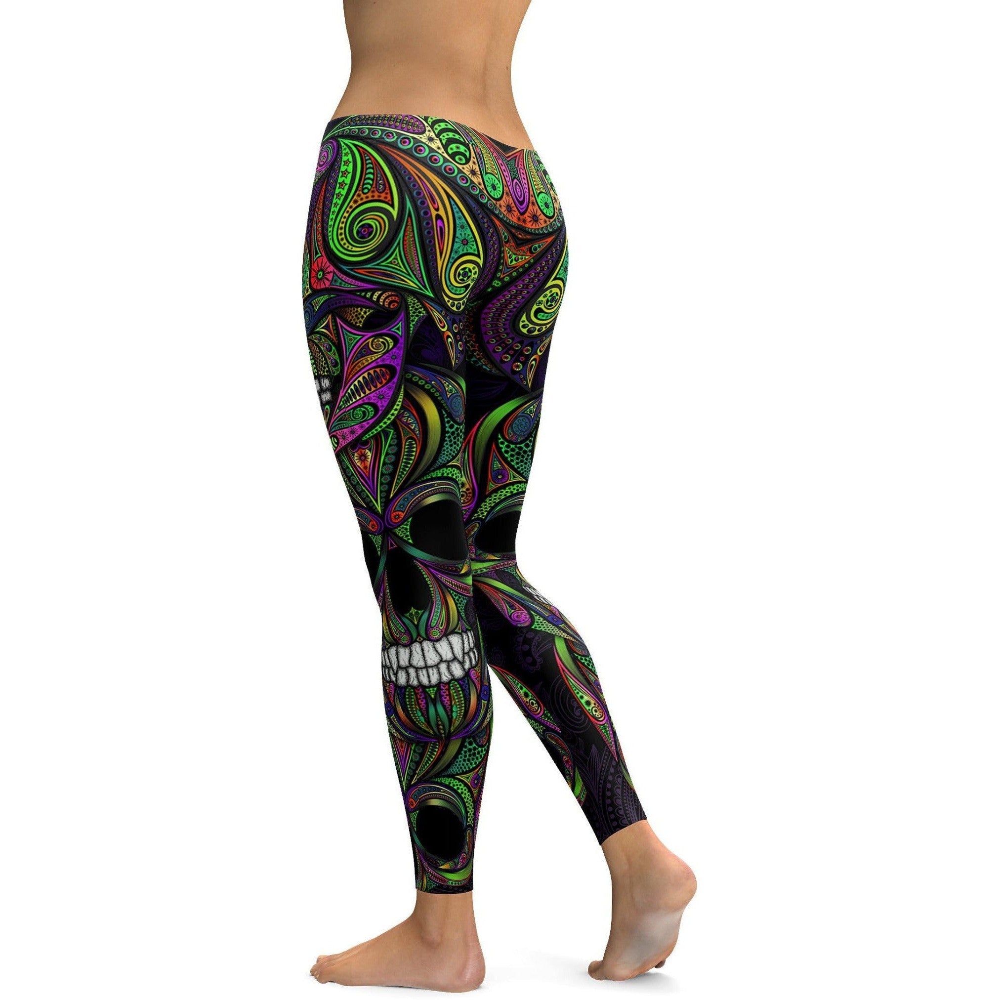 Colorful Green Ornament Skull Leggings - GearBunch Leggings / Yoga Pants