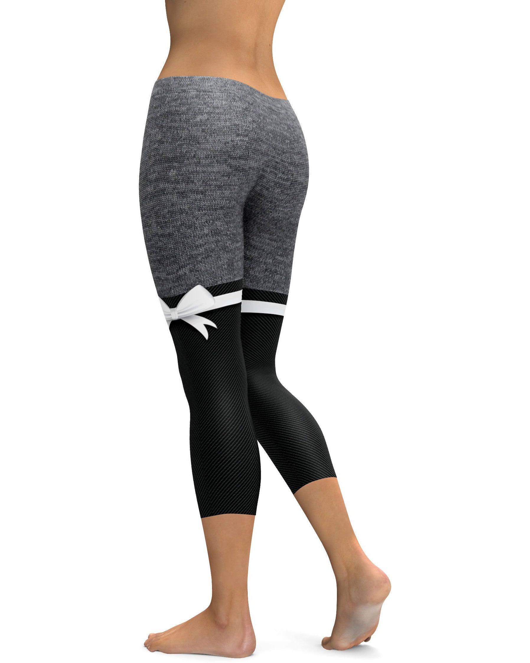 Grey Heathered Thigh High Bow Capris - GearBunch Leggings / Yoga Pants