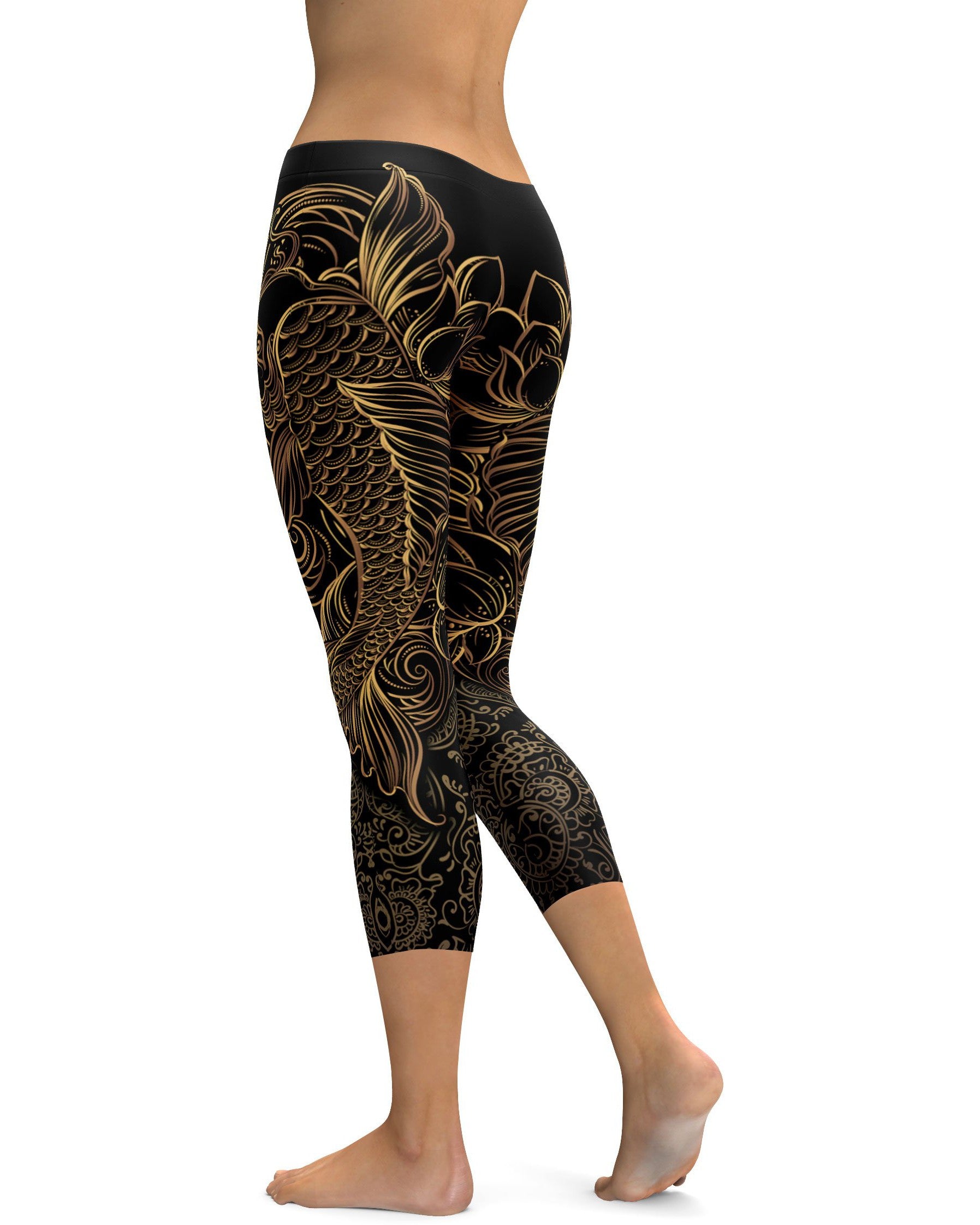 Golden Oriental Koi Fish Capris - GearBunch Leggings / Yoga Pants