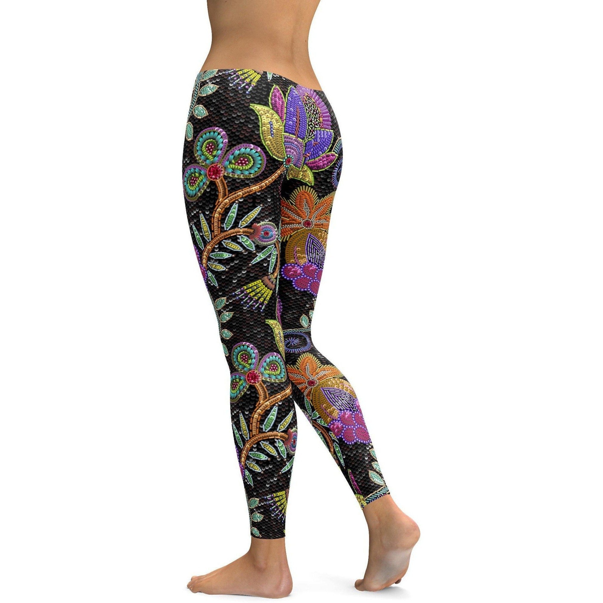 Womens Workout Yoga Faux Paillette Flower Leggings Black/Purple/Green/Pink | Gearbunch.com