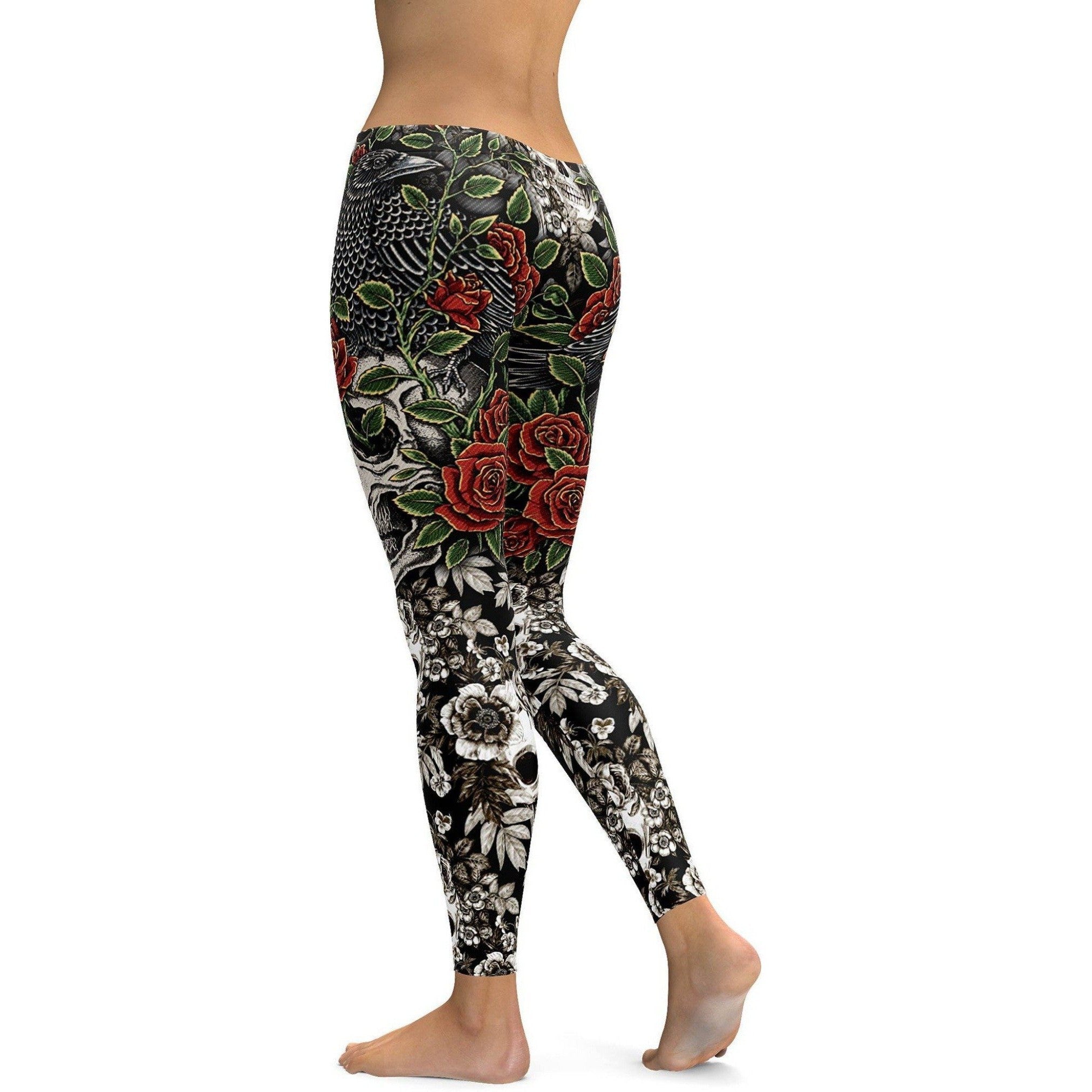 Womens Workout Yoga Skulls & Roses Leggings Black/Red/White | Gearbunch.com