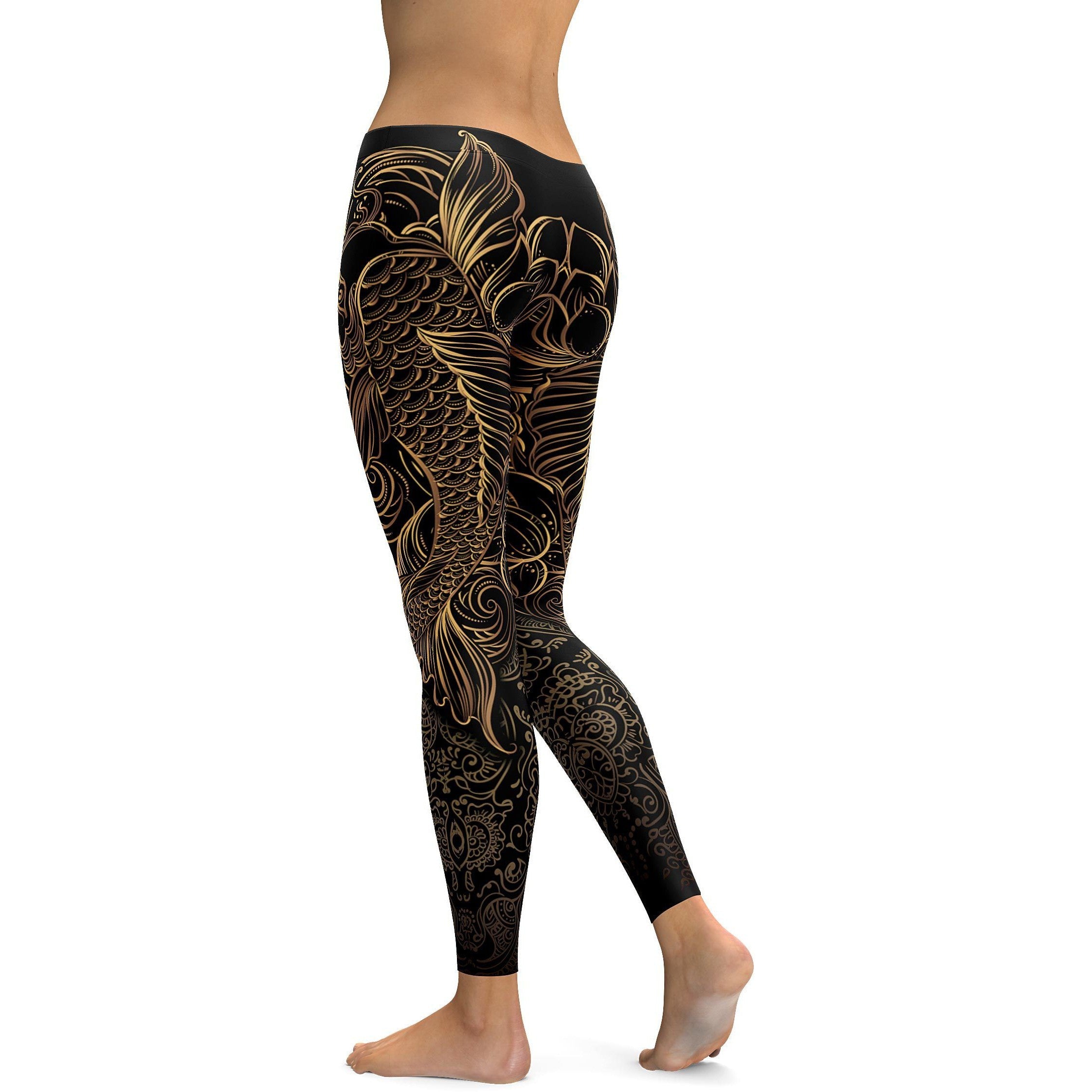 Golden Oriental Koi Fish Leggings - GearBunch Leggings / Yoga Pants