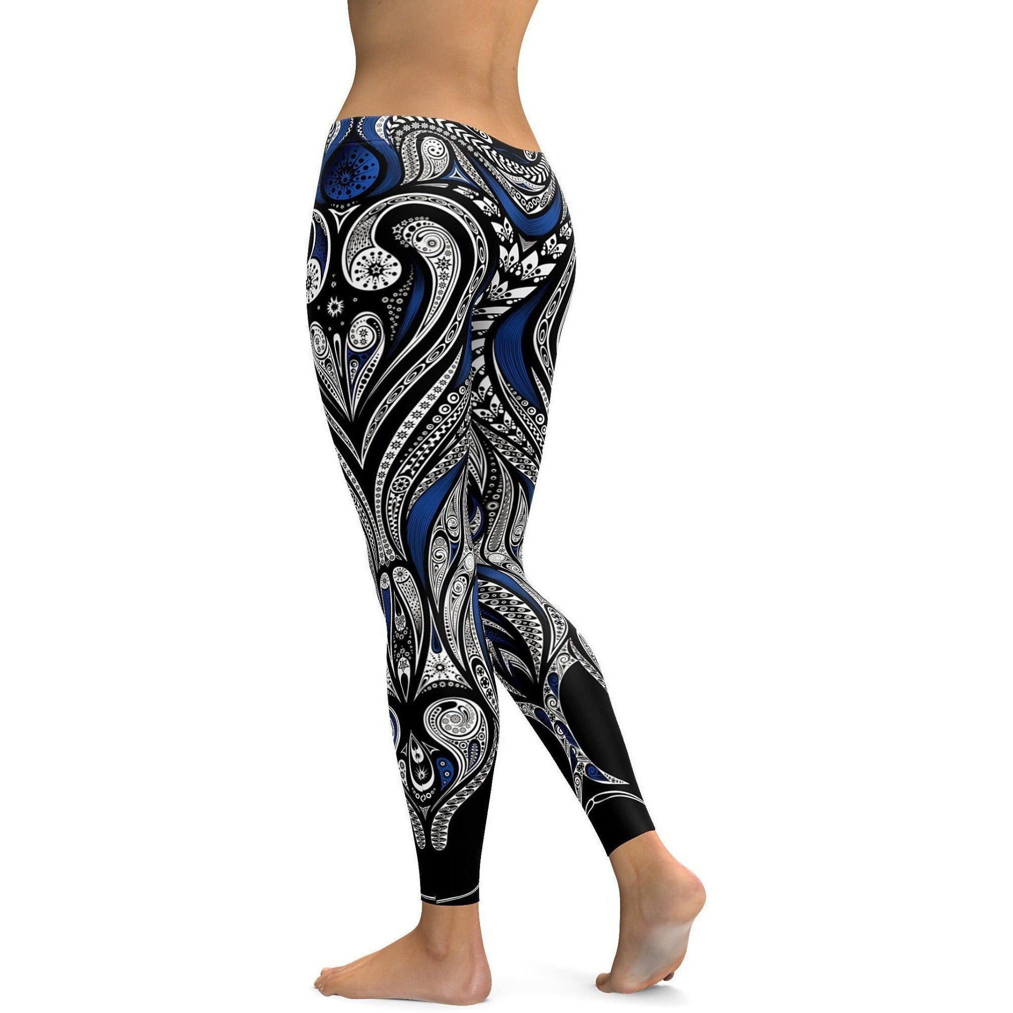 Blue Ornament Pattern Leggings Black/White