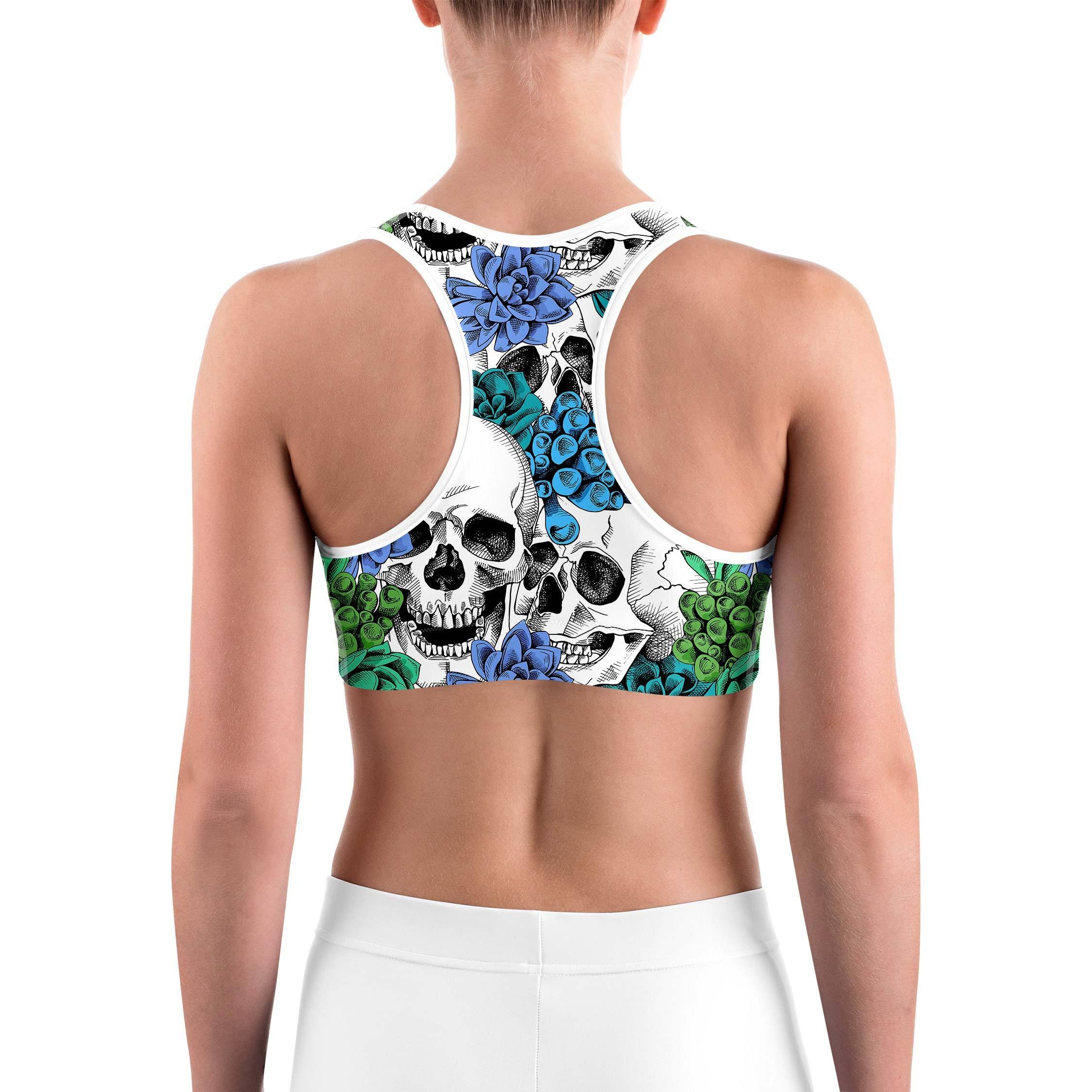 Blue Floral Skulls Sports bra - GearBunch Leggings / Yoga Pants