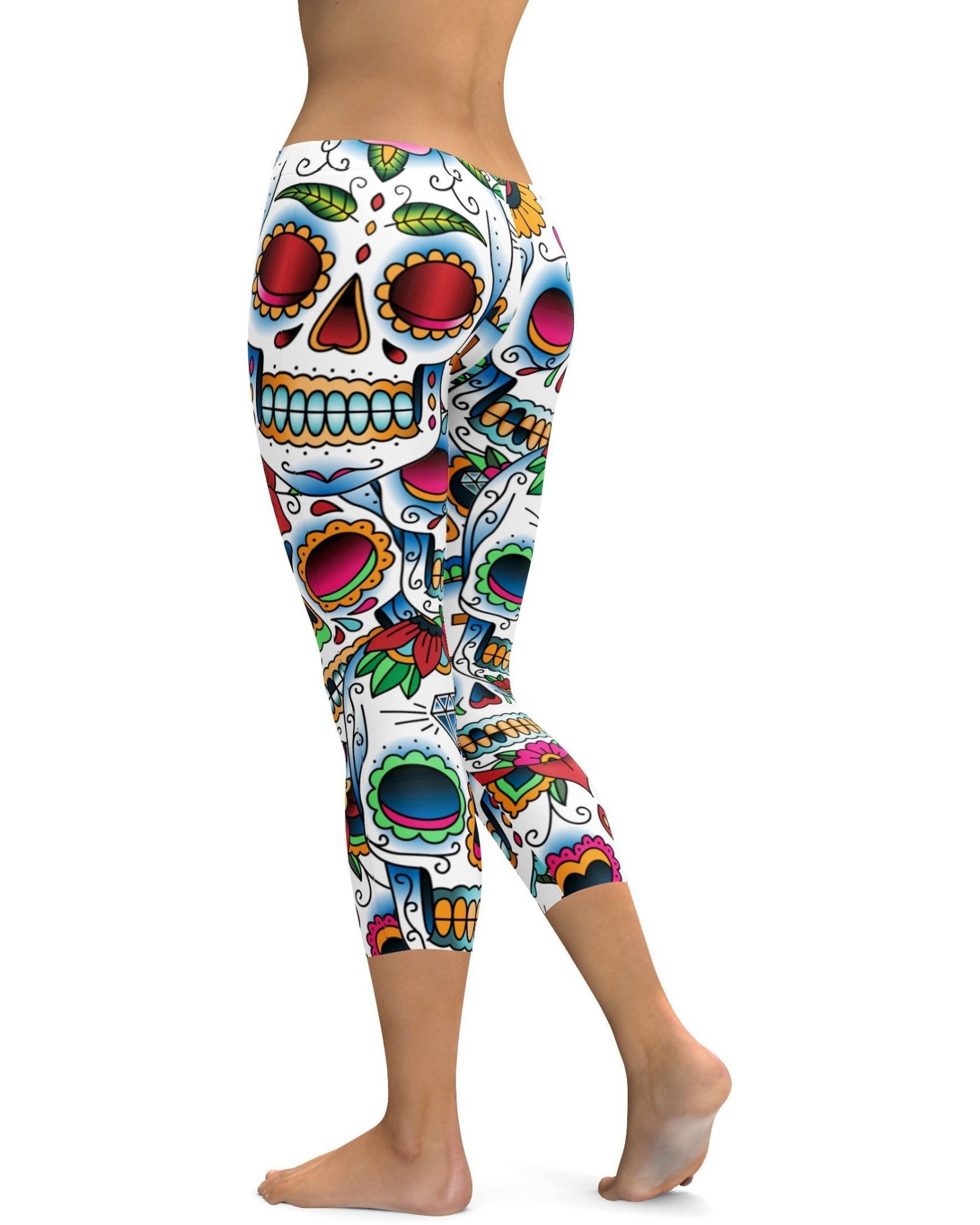 womens sugar skull designed capri leggings for workout and yoga