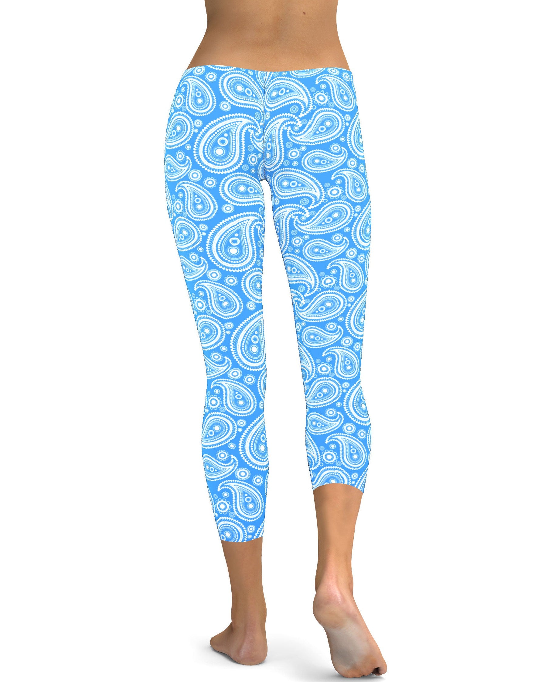 Womens Fashion Blue & White Paisley Capri Leggings | Gearbunch.com