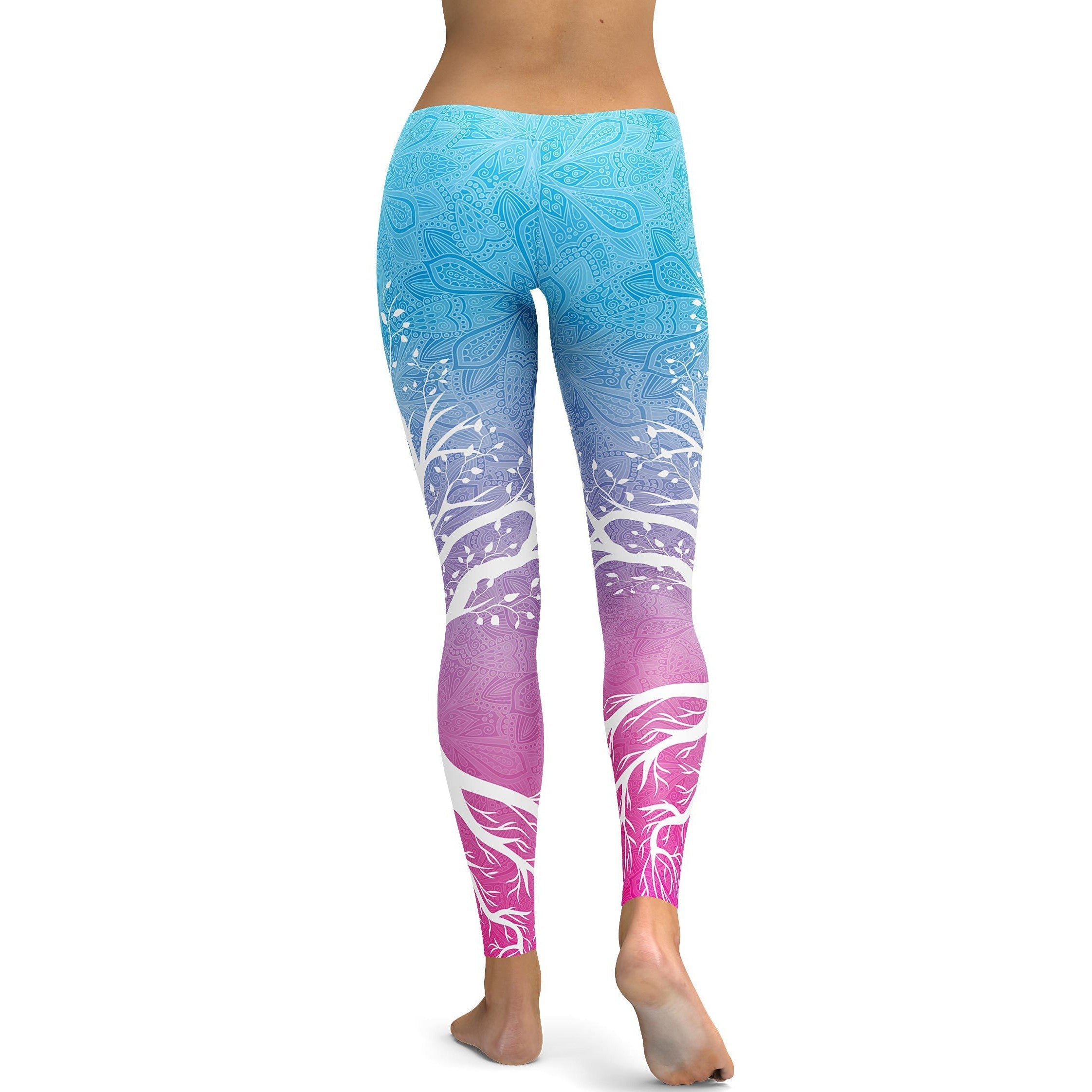 Womens Workout Yoga Blue to Pink Tree of Life Leggings