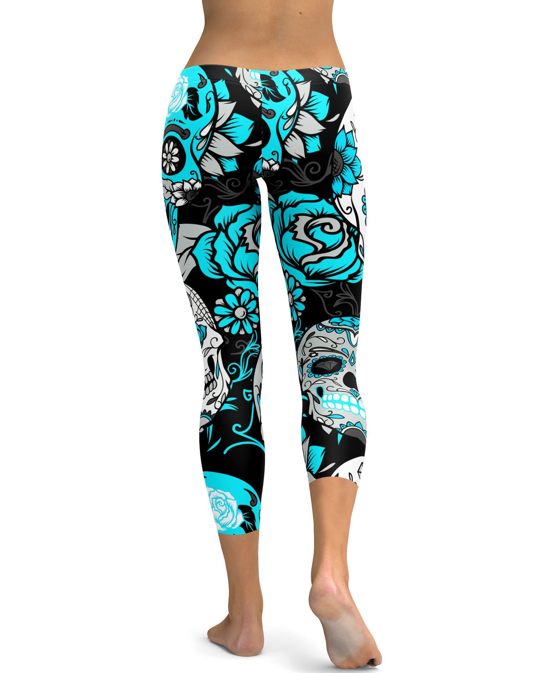 Sky Blue Sugar Skull Capris - GearBunch Leggings / Yoga Pants