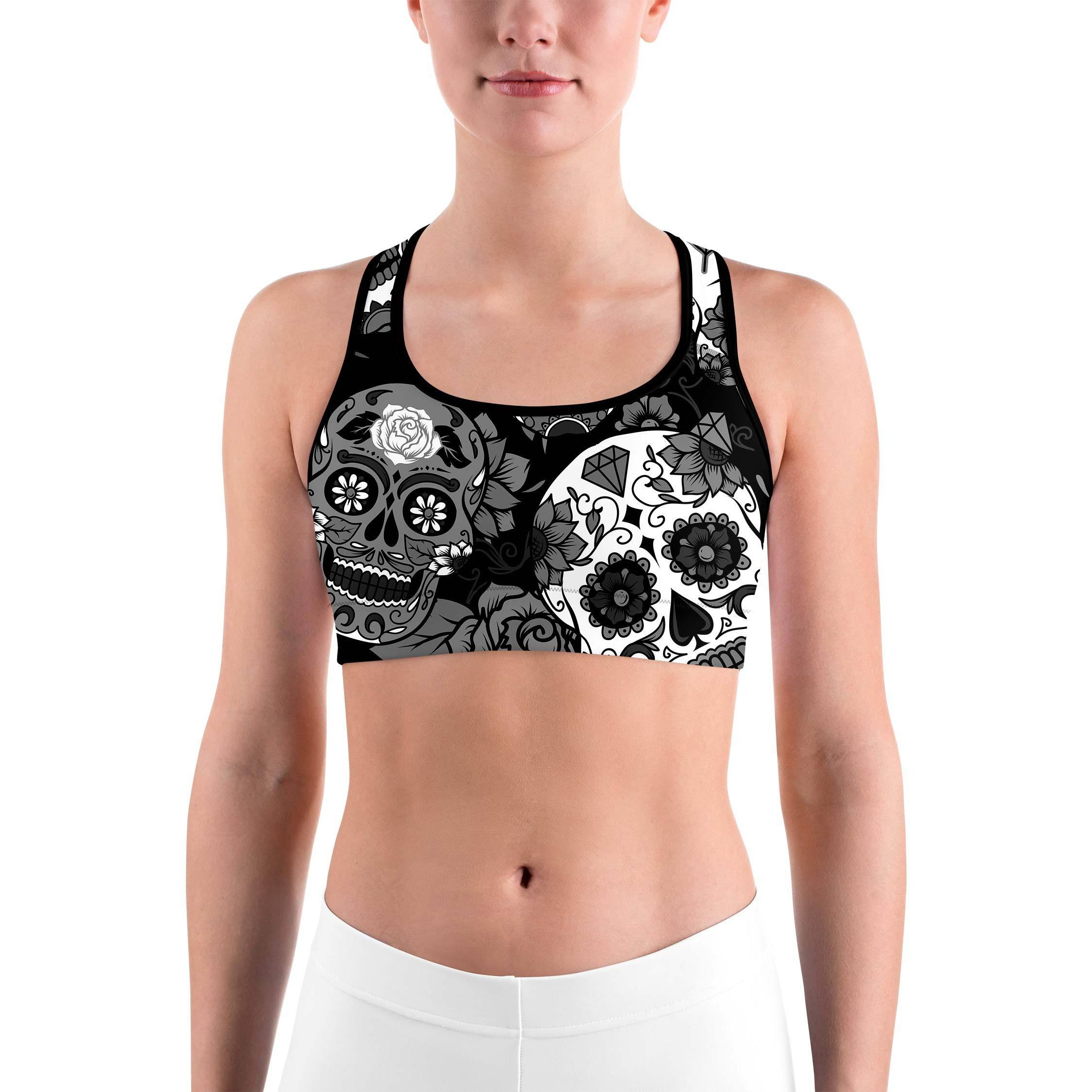 Black & White Sugar Skull Sports bra - GearBunch Leggings / Yoga Pants