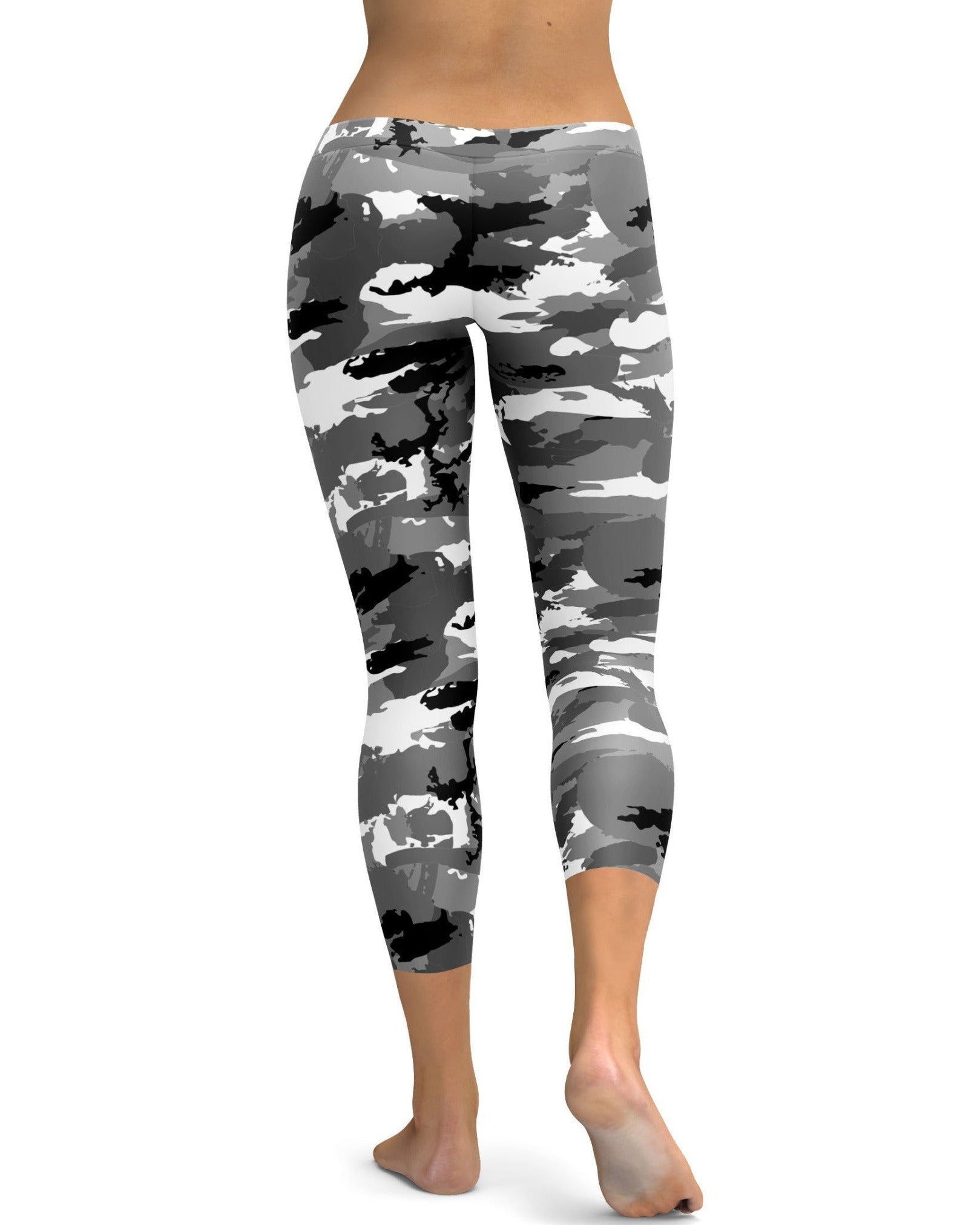 Womens Fashion Black, White and Grey Camo Capris Leggings for yoga