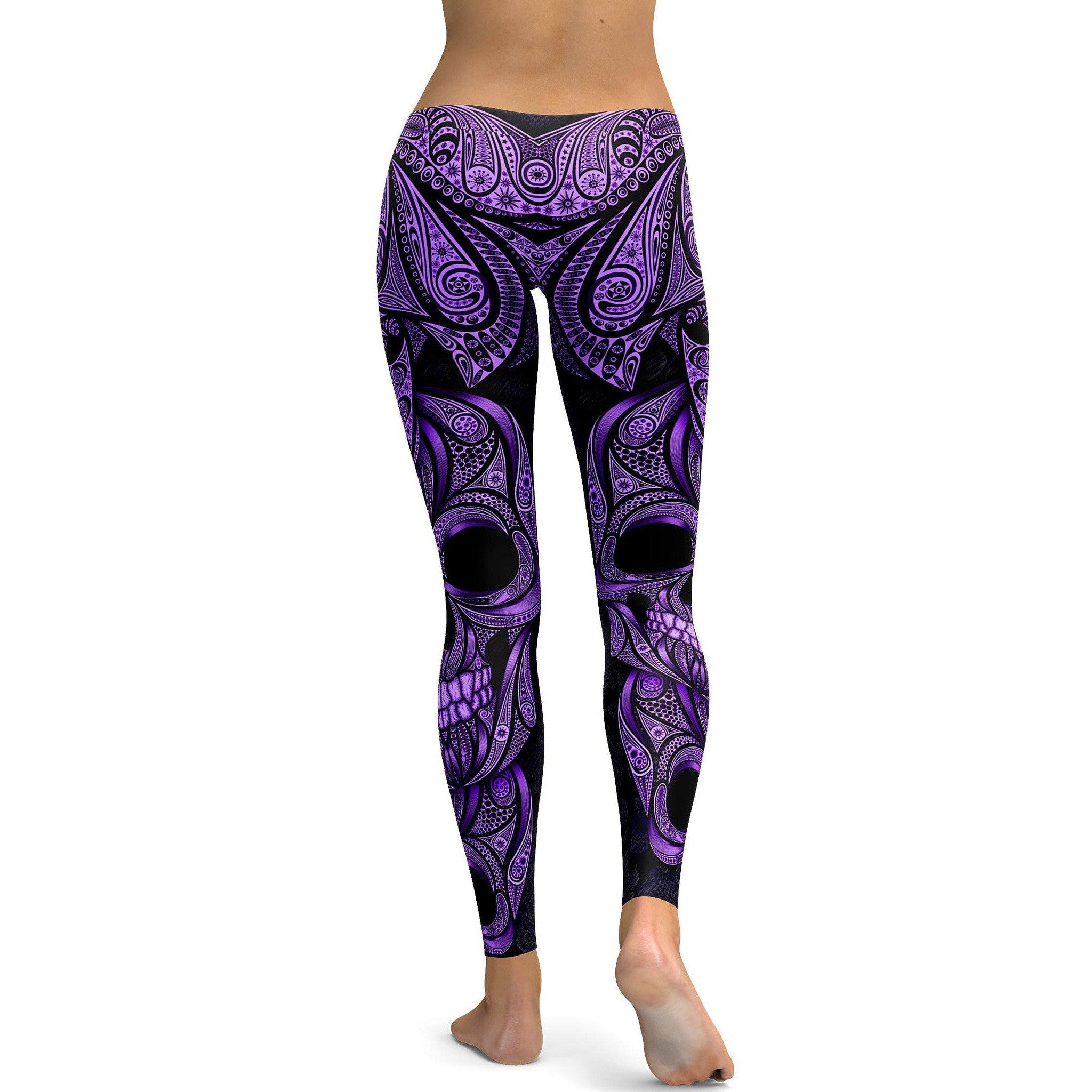 Womens Workout Yoga Purple Ornamental Skull Leggings | Gear Bunch