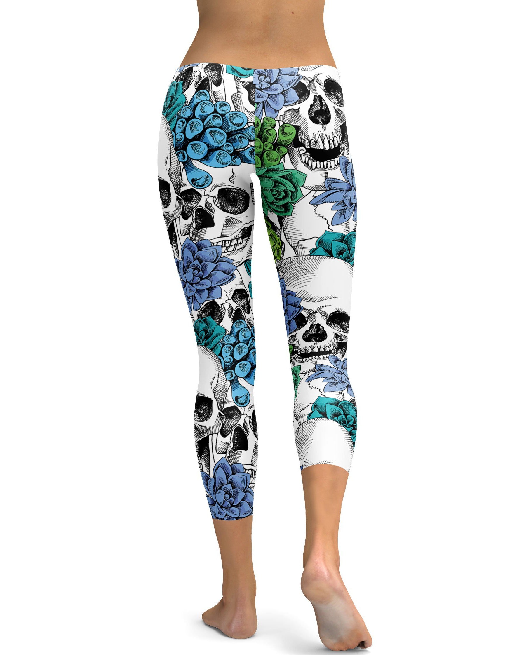 Womens Fashion Blue Floral Skulls Capris Leggings | Gearbunch.com