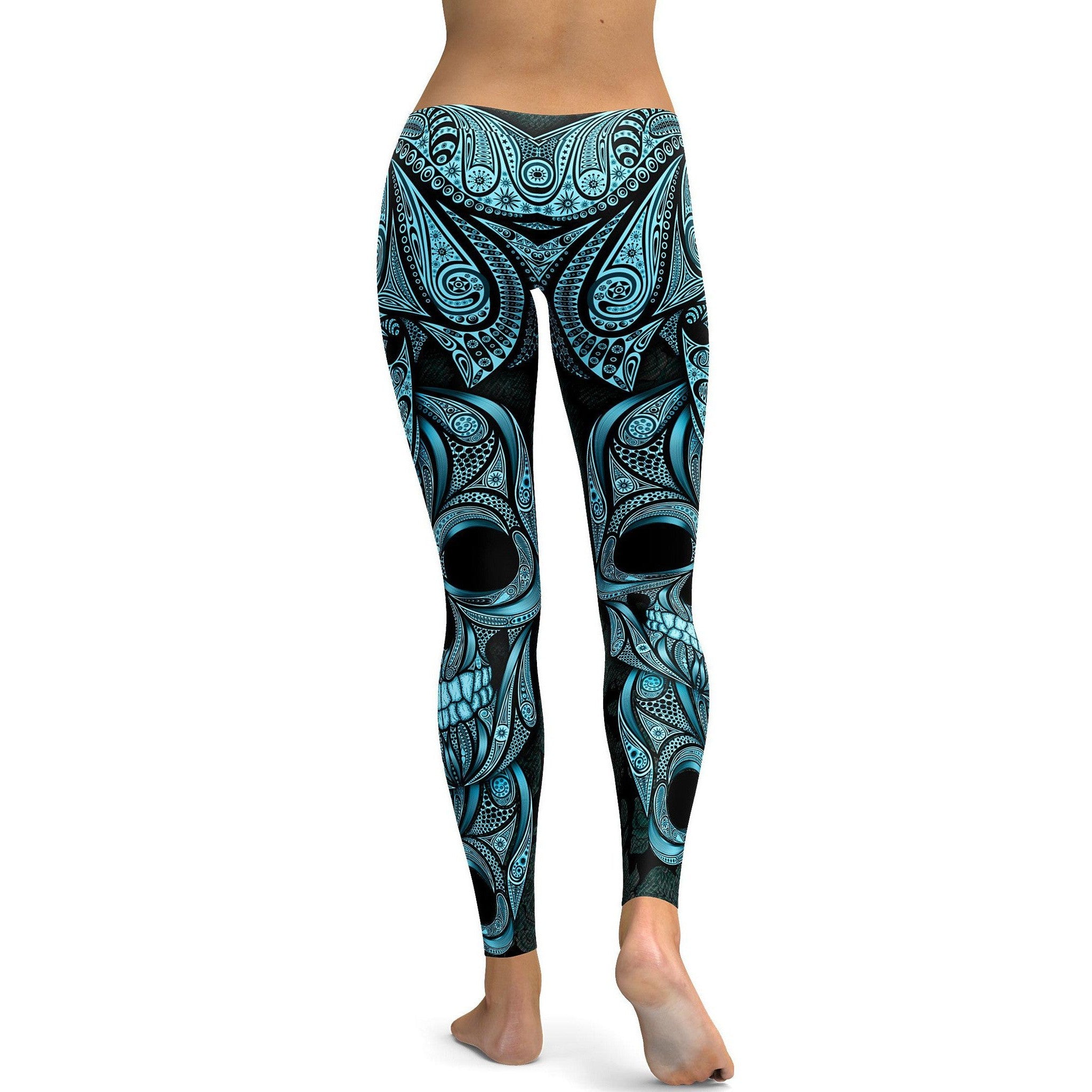 Womens Workout Yoga Blue & Black Ornamental Skull Leggings