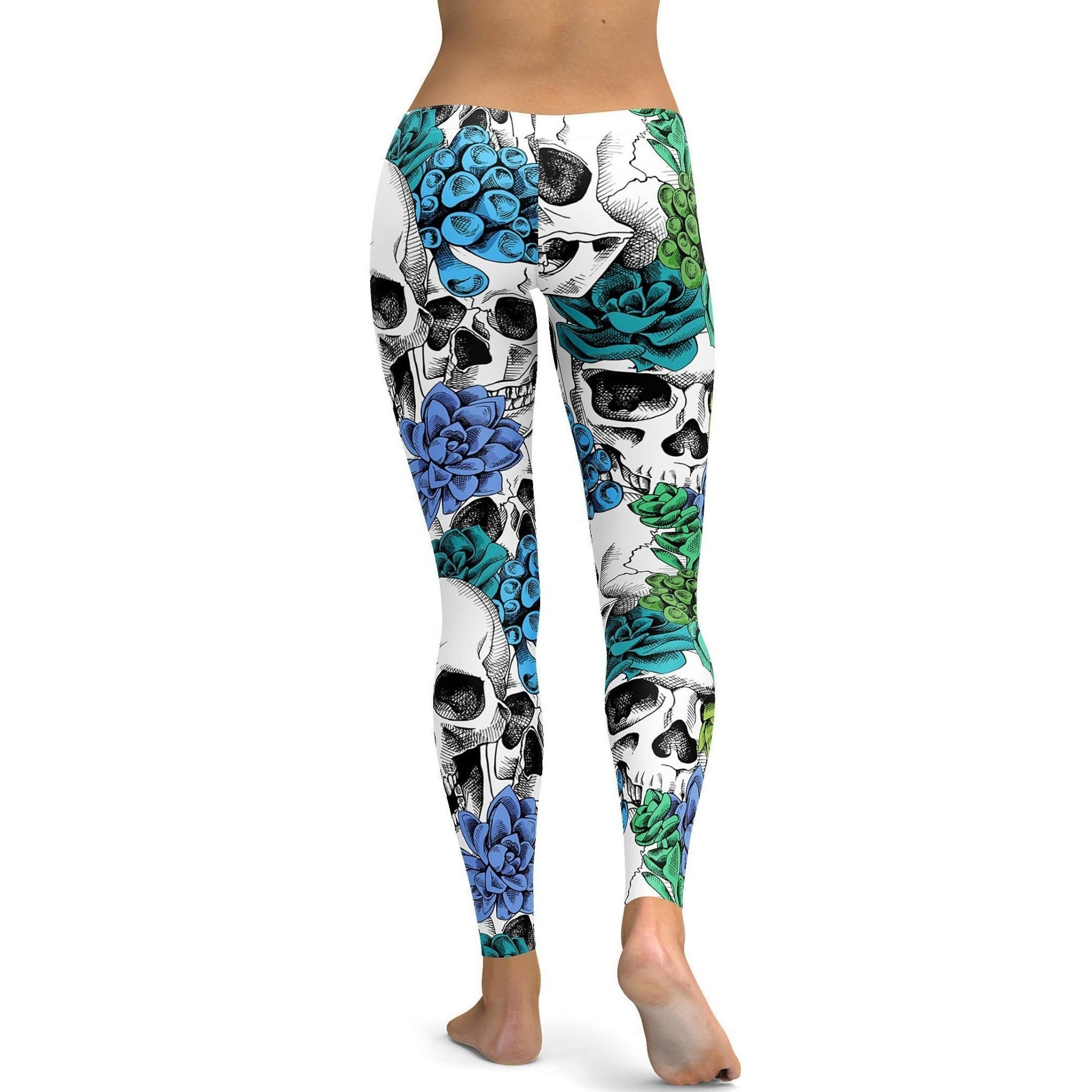 Womens Workout Yoga Blue Floral Skulls Leggings White/Black