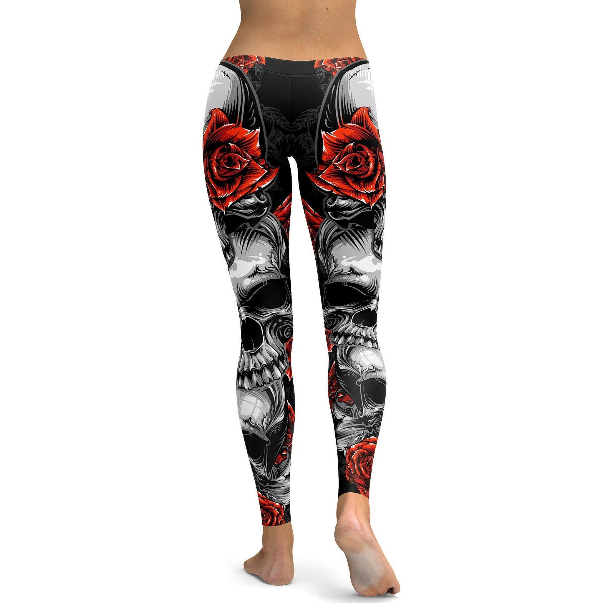 Womens Workout Yoga Skulls and Roses Leggings Black/Red/White | Gear Bunch