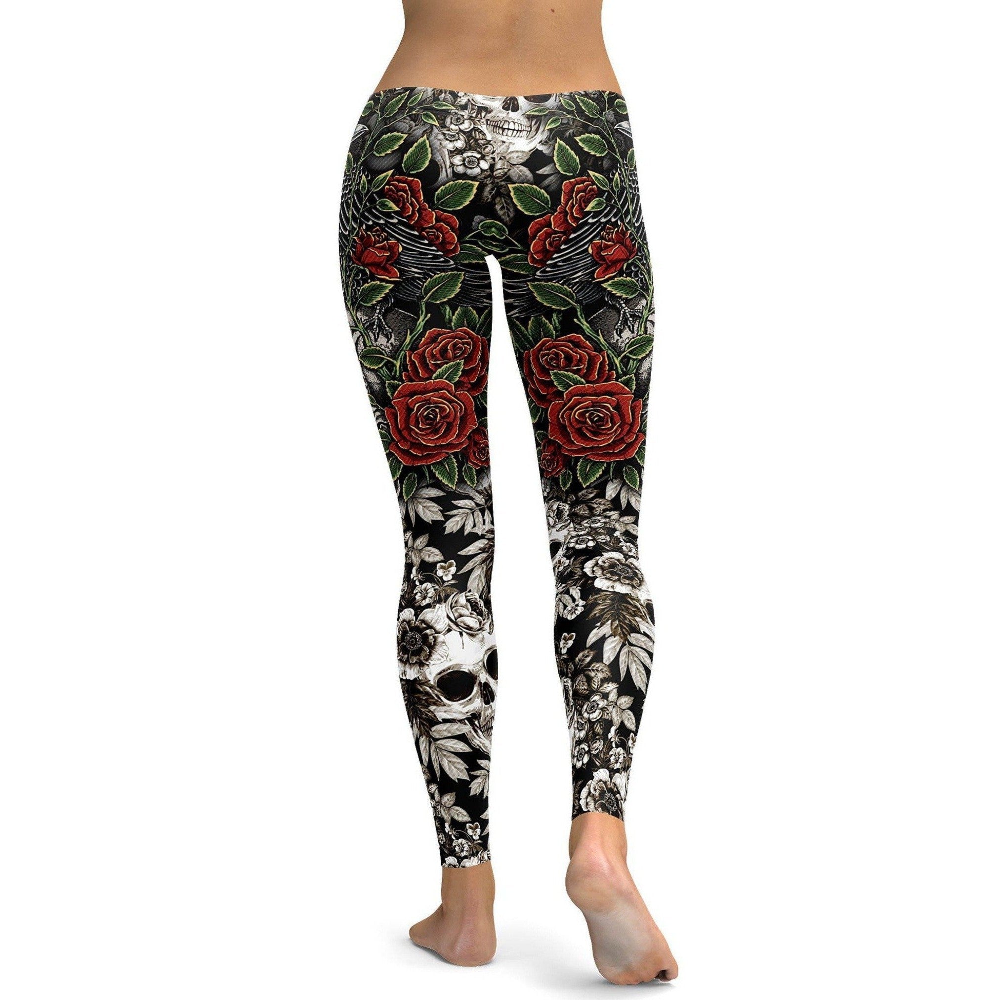 Womens Workout Yoga Skulls & Roses Leggings Black/Red/White | Gearbunch.com