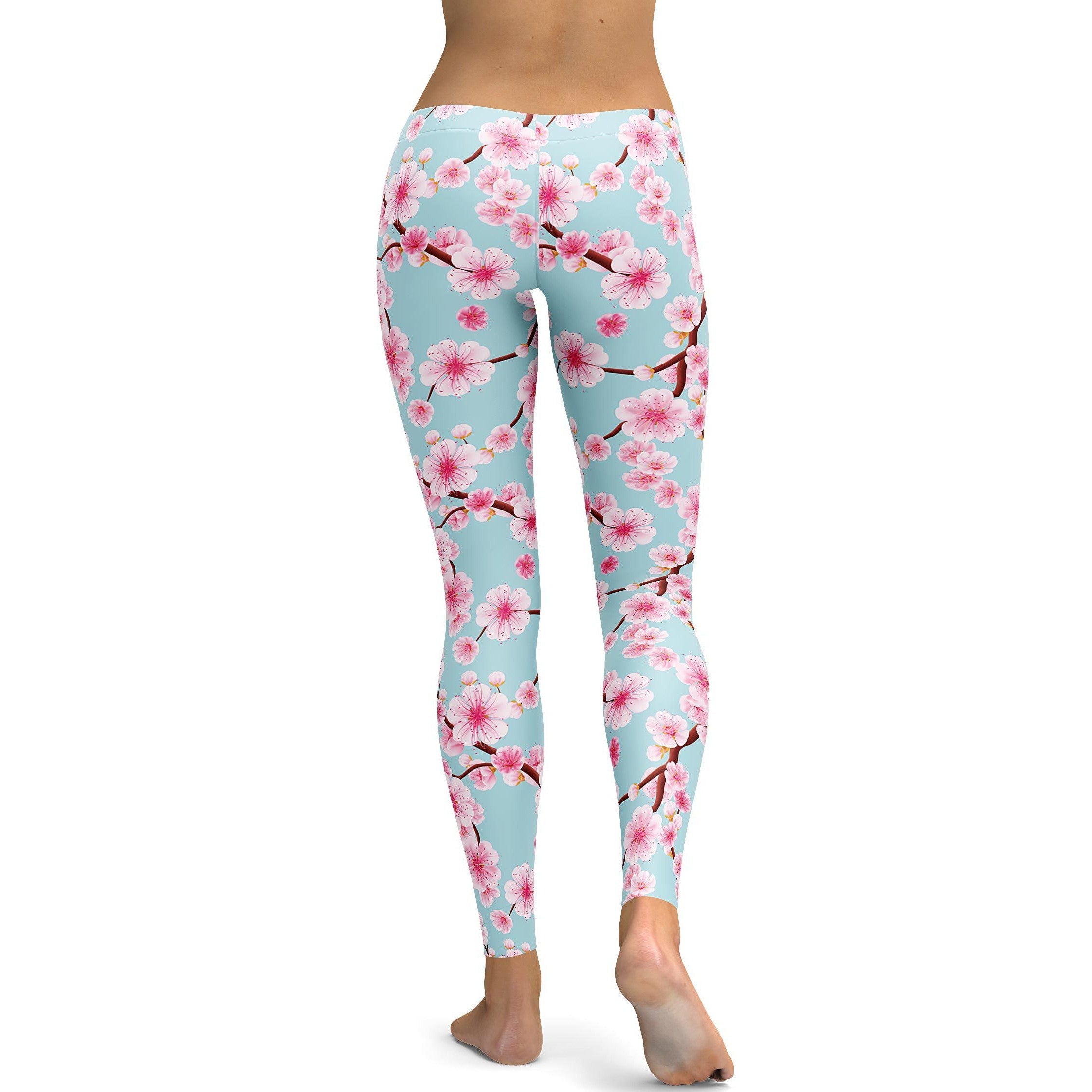 Womens Workout Yoga Japanese Cherry Blossom Leggings Blue/Pink/White | Gearbunch.com