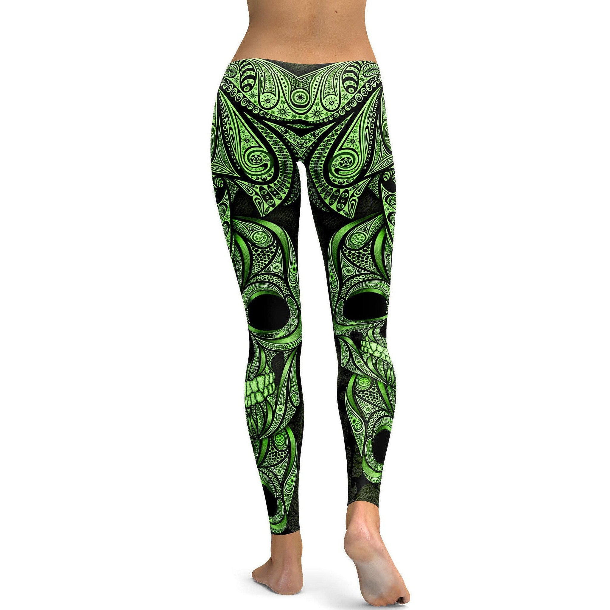 Green Ornamental Skull Leggings - GearBunch Leggings / Yoga Pants