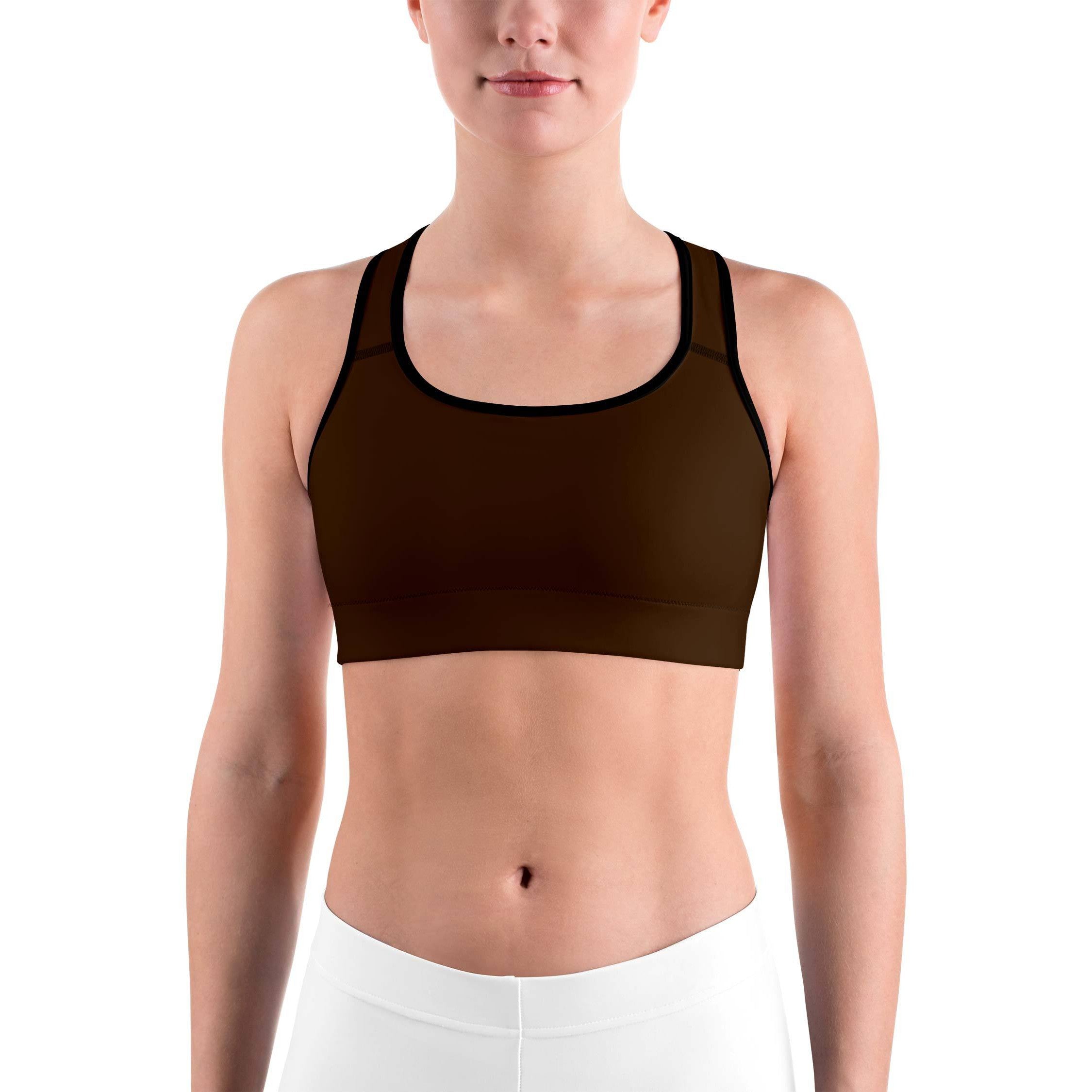 Women's solid chocolate brown sports bra front view