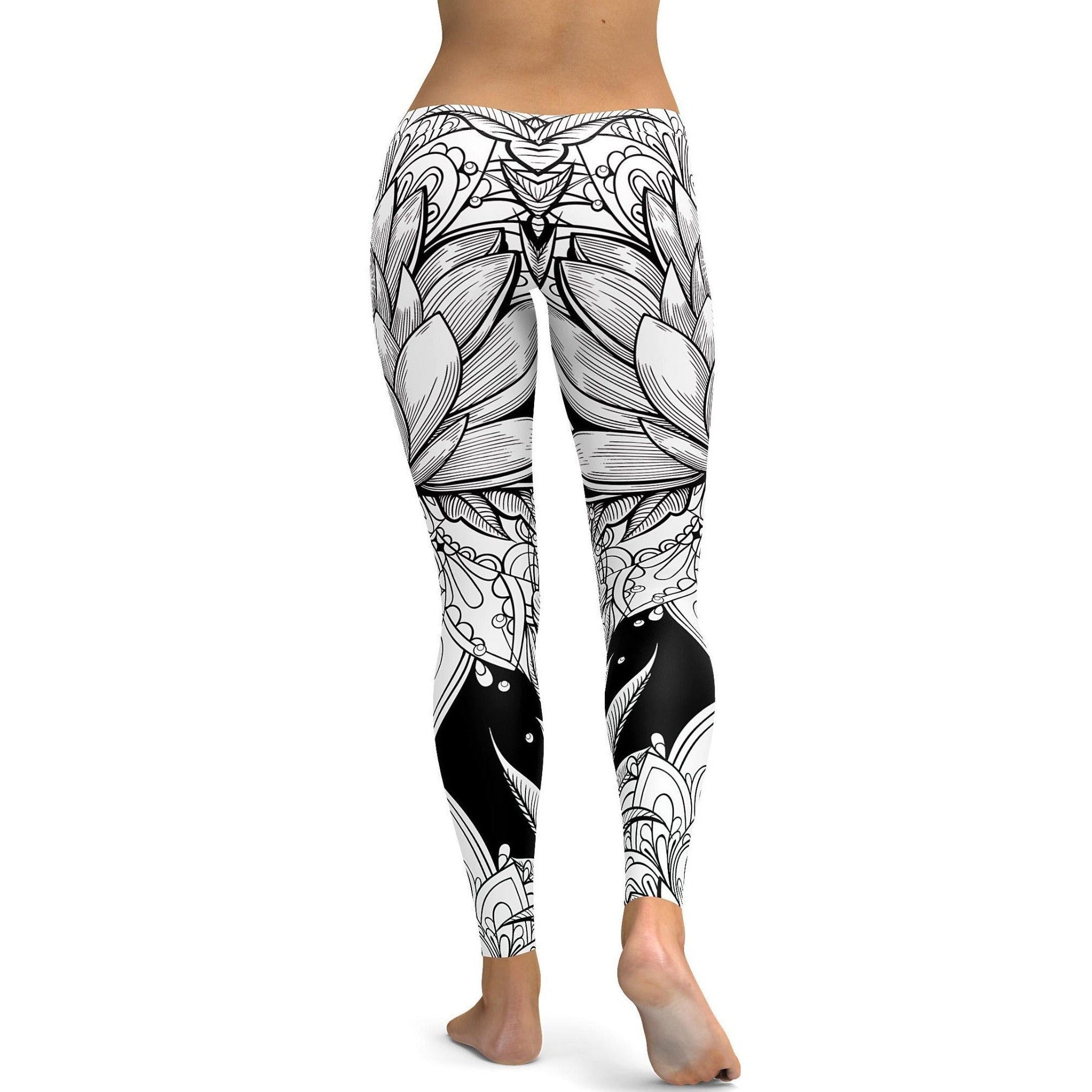 Womens Workout Yoga Bandw Lotus Leggings Black White