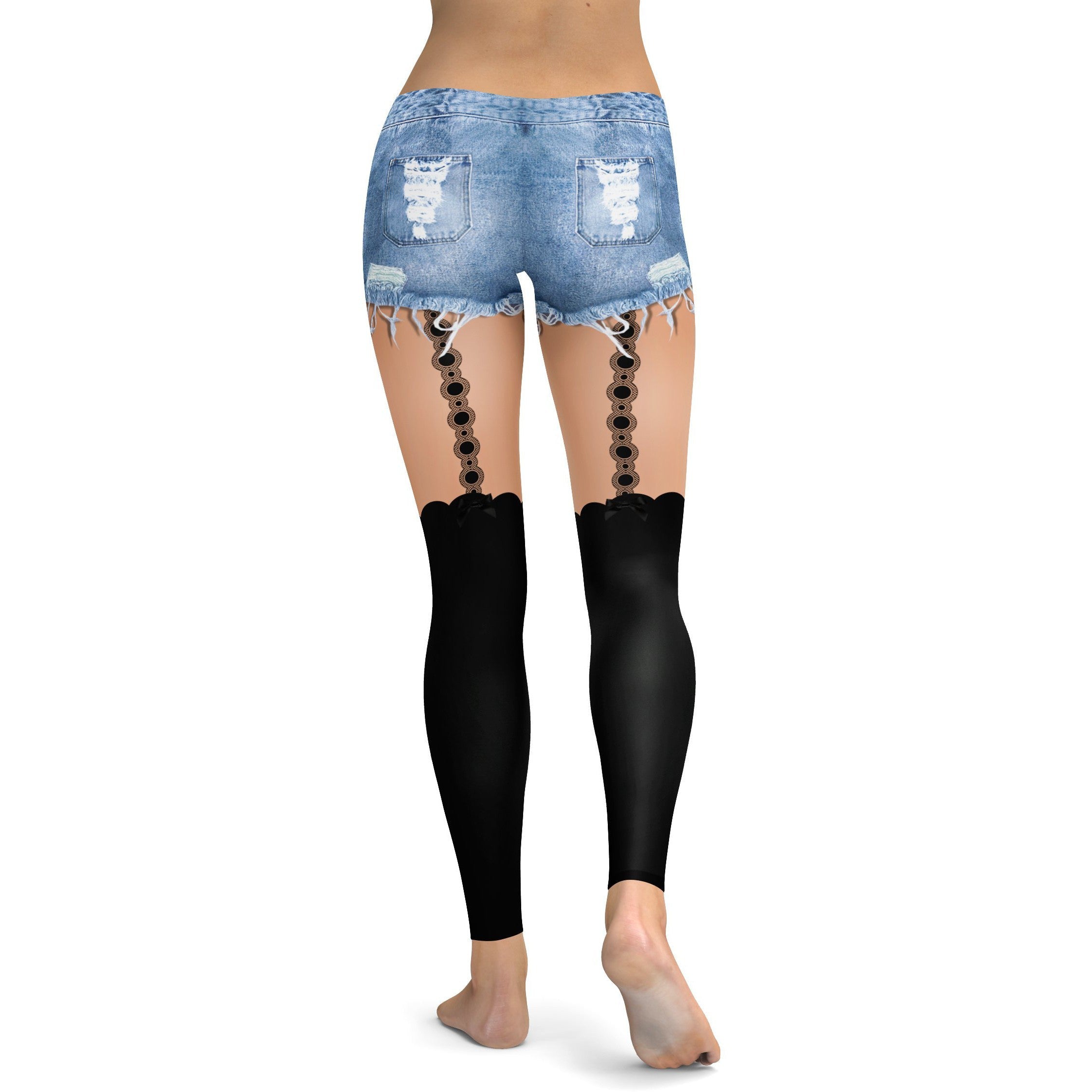Faux Black Stockings with Denim Shorts Leggings | GearBunch