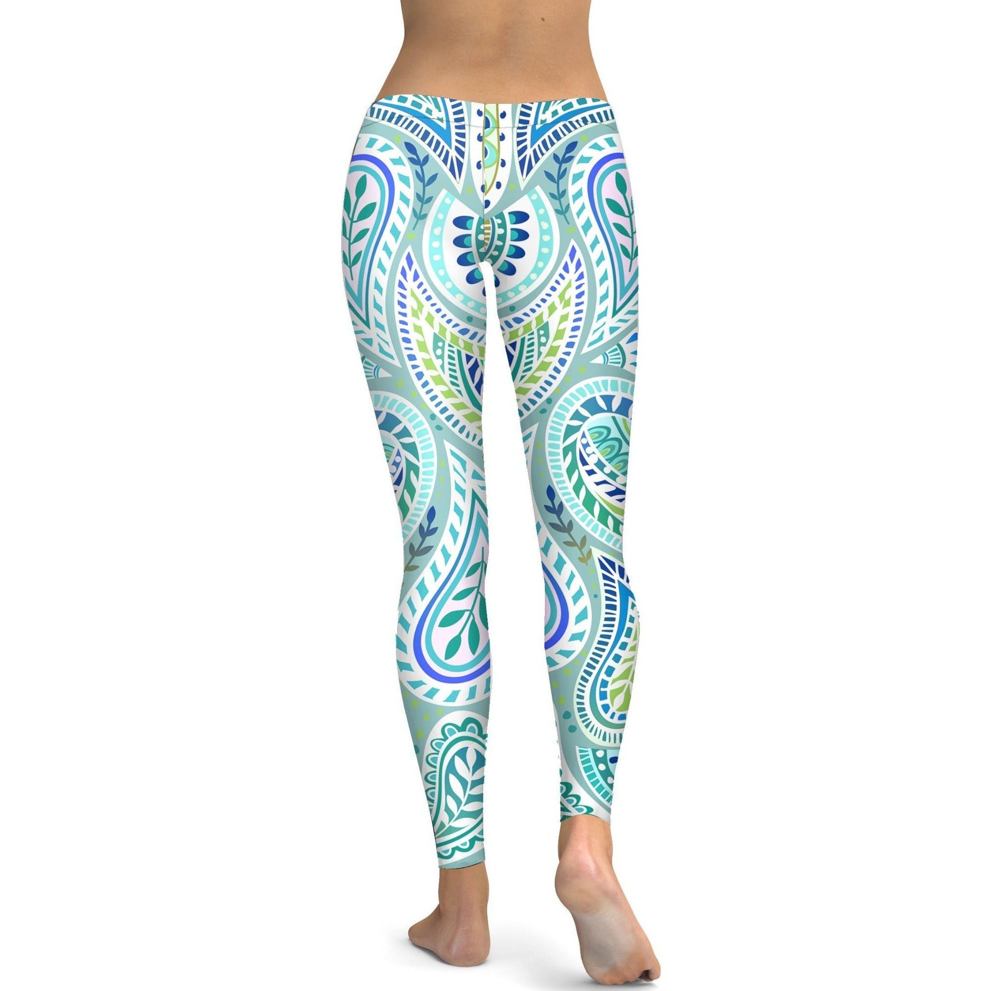 Womens Workout Yoga Blue and Green Paisley Leggings