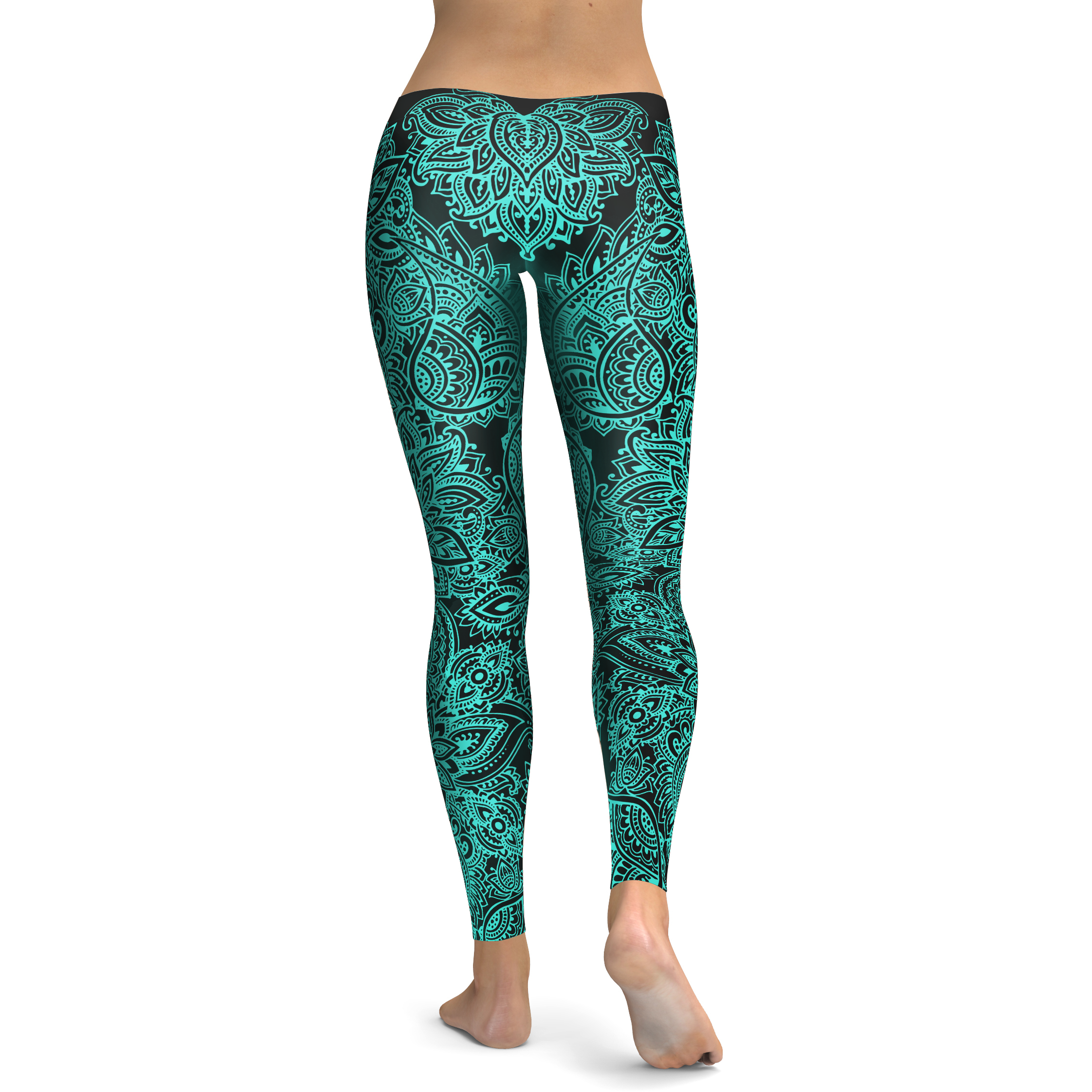 Womens Workout Yoga Black and Turquoise Henna Tattoo Leggings