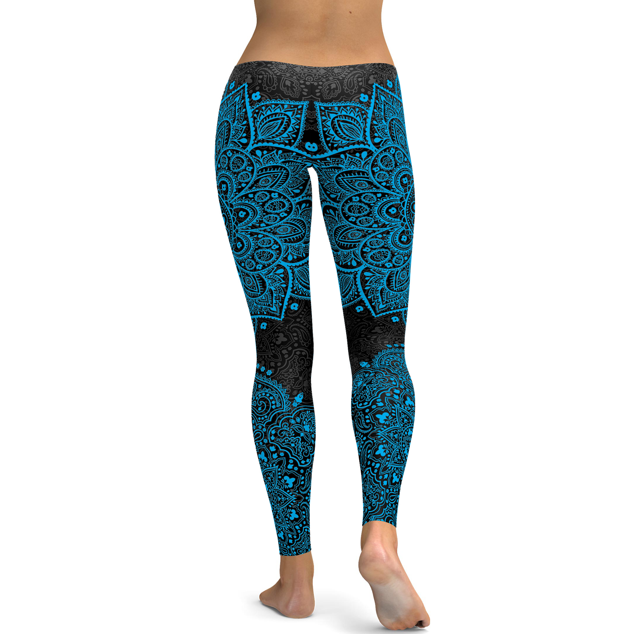 Womens Workout Yoga Black and Cyan Blue Mandala