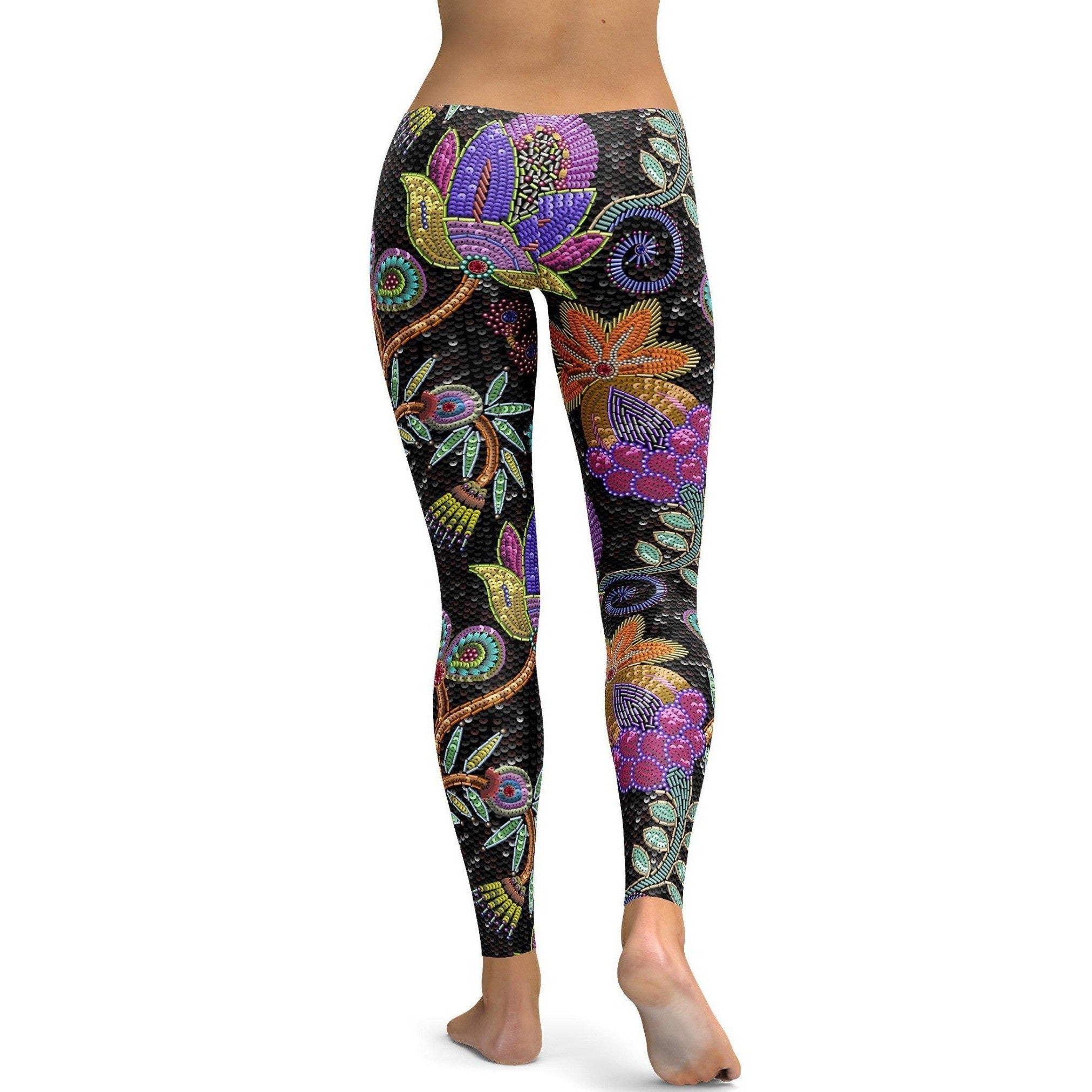 Womens Workout Yoga Faux Paillette Flower Leggings Black/Purple/Green/Pink | Gearbunch.com