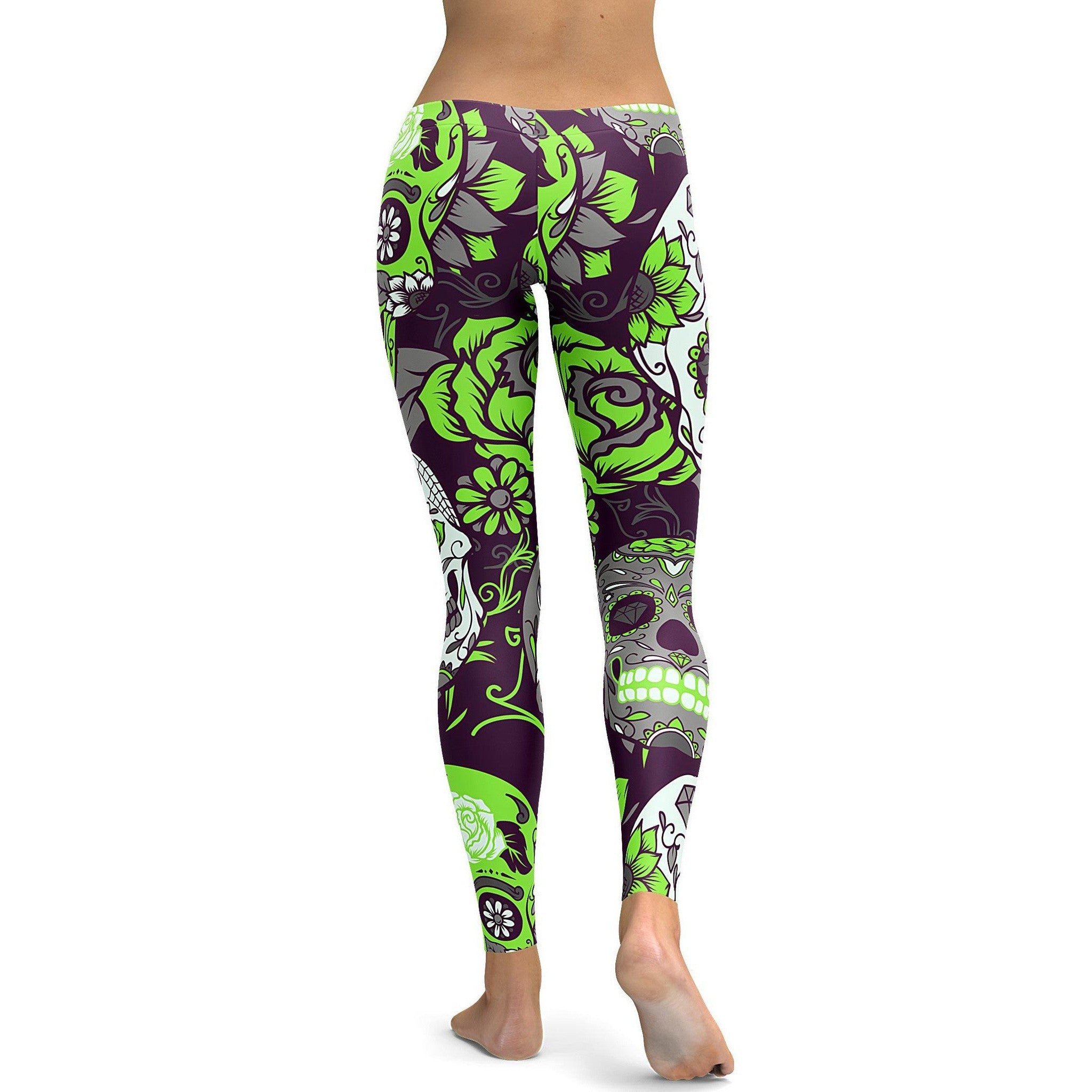 Womens Workout Yoga Lime Green Sugar Skull Leggings White/Green/Black | Gearbunch.com