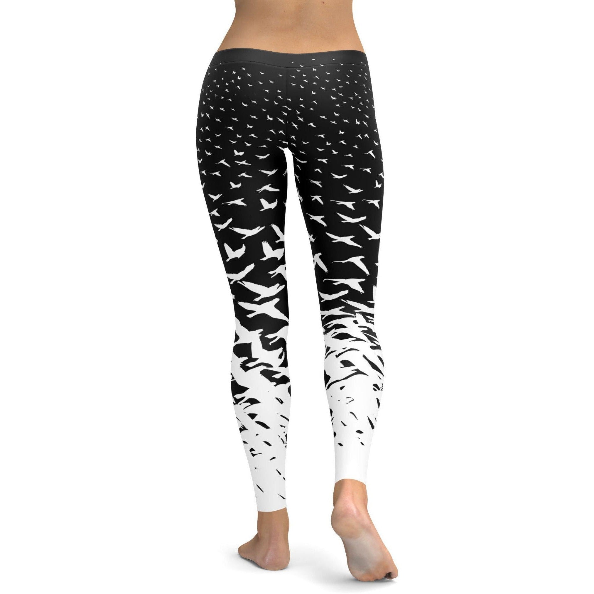 Womens Workout Yoga B&W Flying Birds Leggings Black/White