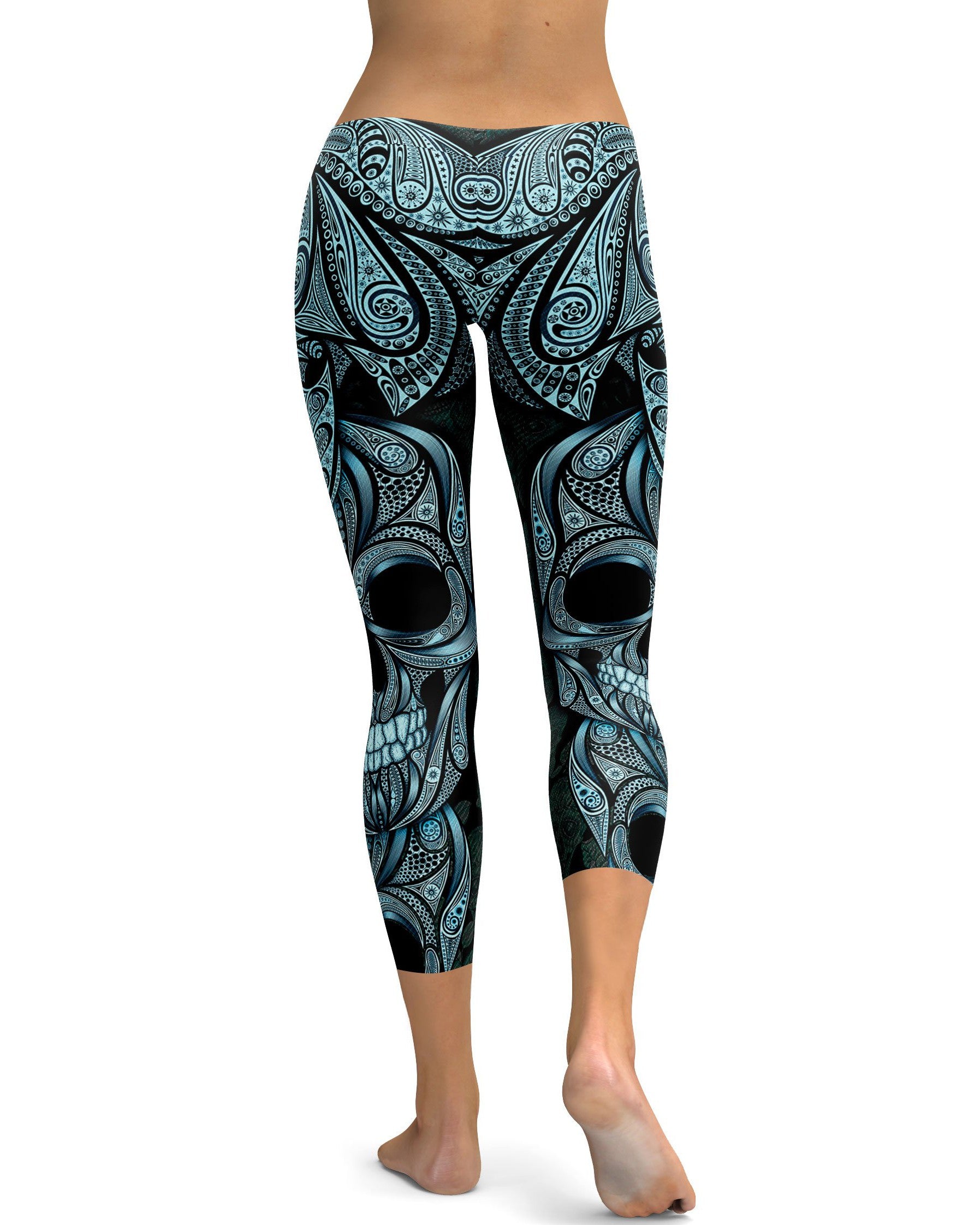 Blue Ornamental Skull Capris - GearBunch Leggings / Yoga Pants