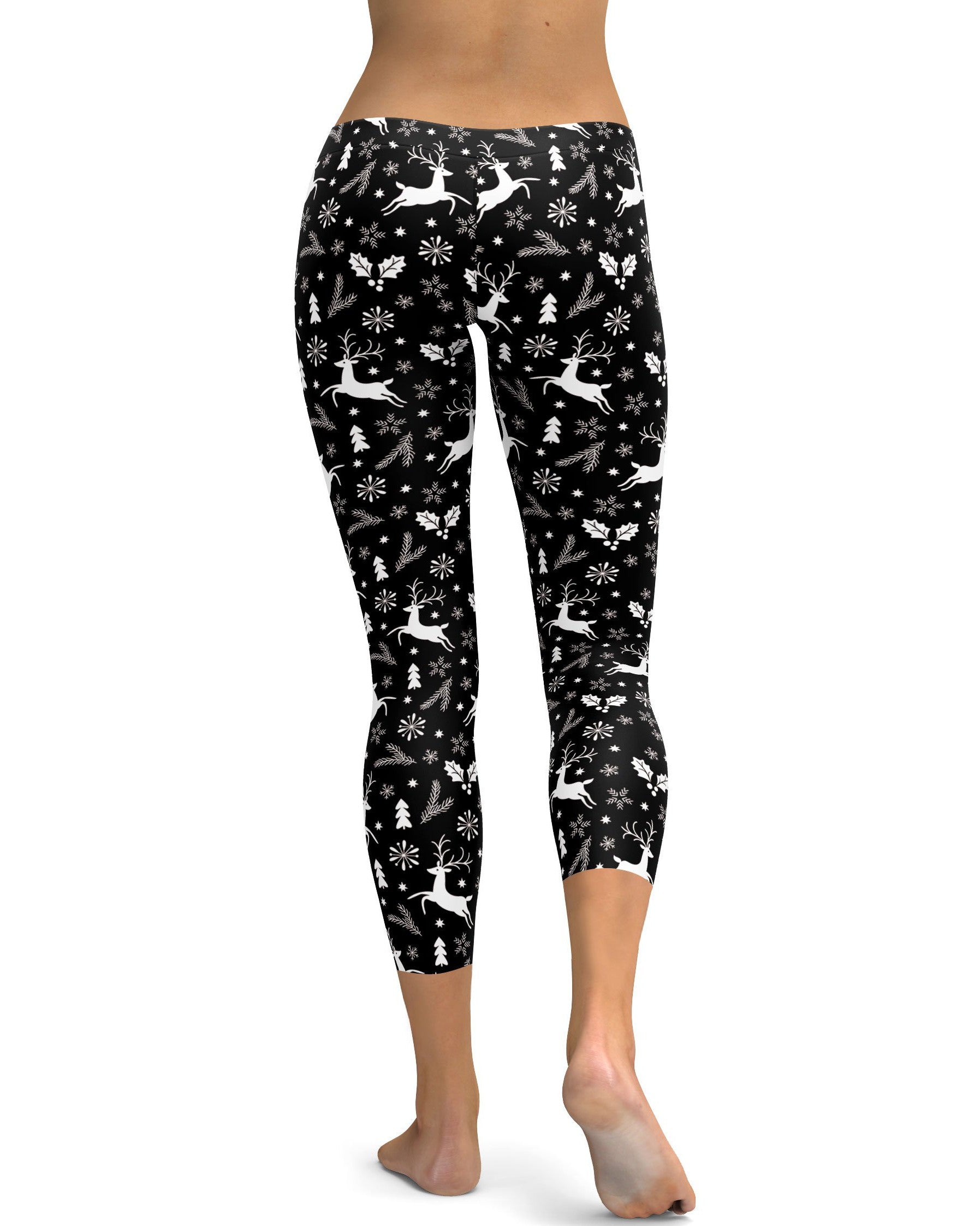 Black Reindeer Christmas Capris - GearBunch Leggings / Yoga Pants