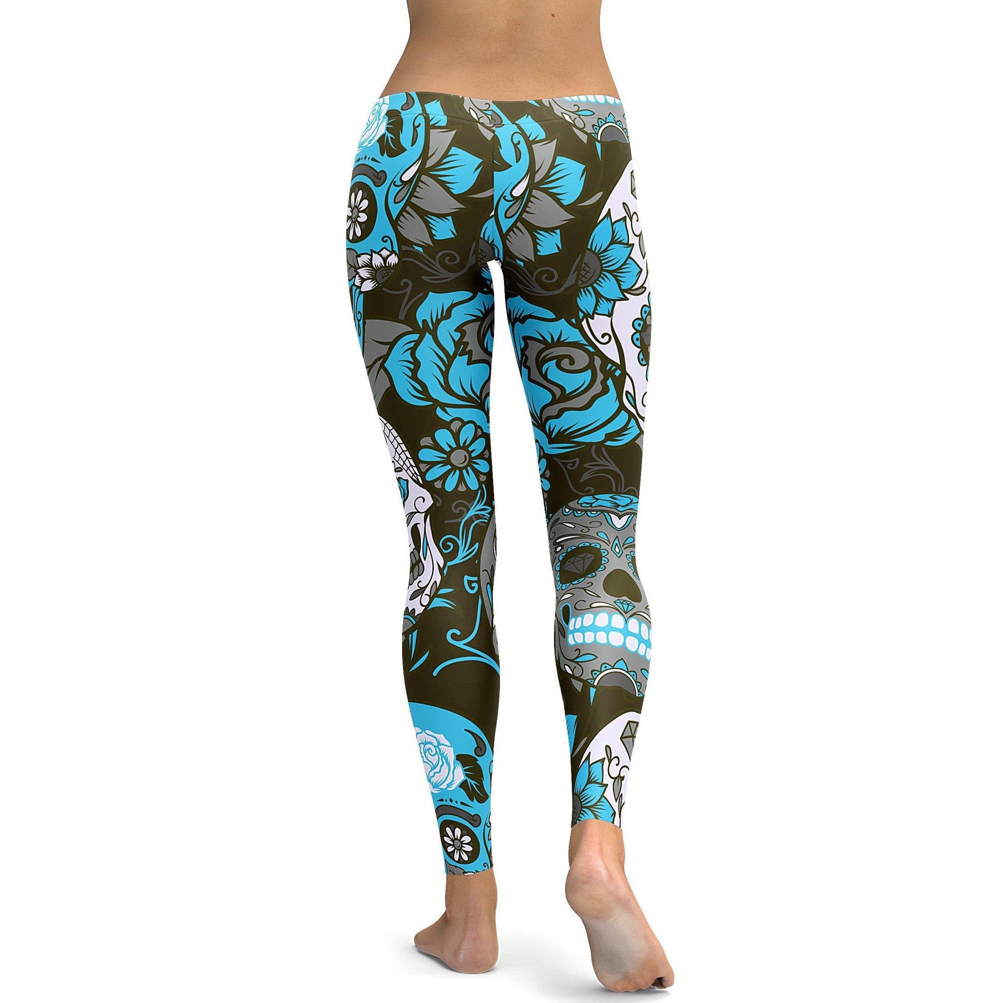 Womens Workout Yoga Sky Blue Sugar Skull Leggings Black/Sky Blue/White | Gearbunch.com