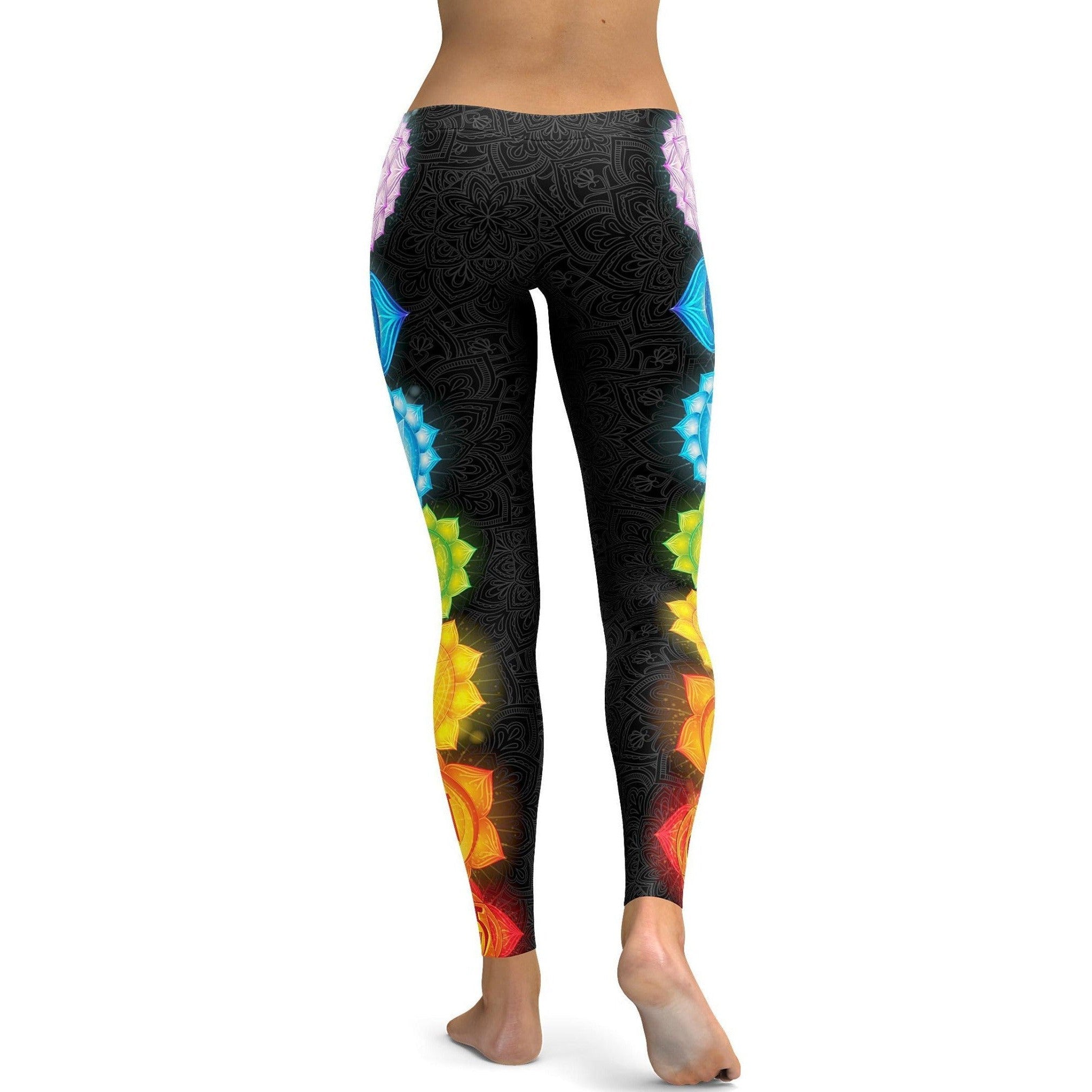 Womens Workout Yoga Chakras Black Leggings with Pink, Blue, Yellow Design Chakras | GearBunch