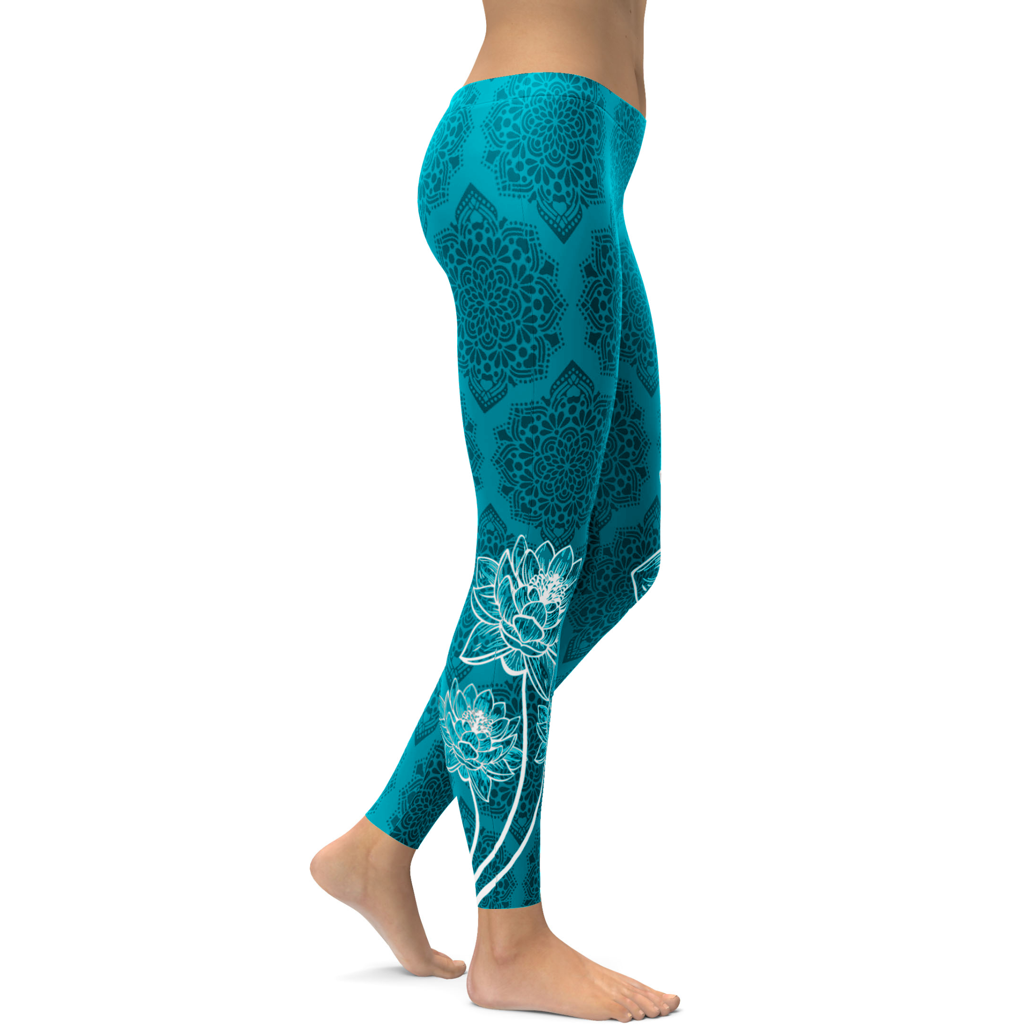 Womens Workout Yoga Cyan Blue Lotus Leggings Blue/Black/White