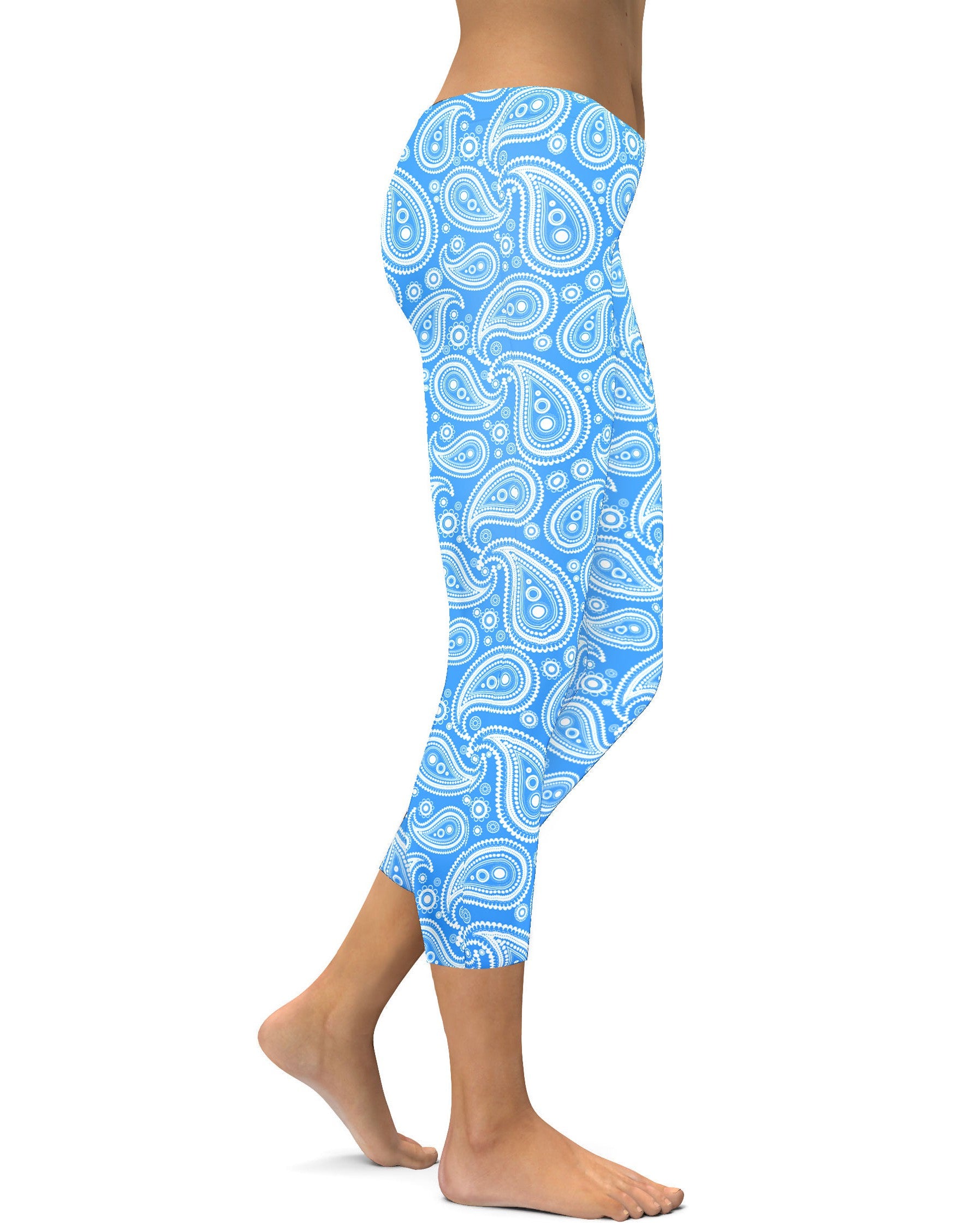 Womens Fashion Blue & White Paisley Capri Leggings | Gearbunch.com