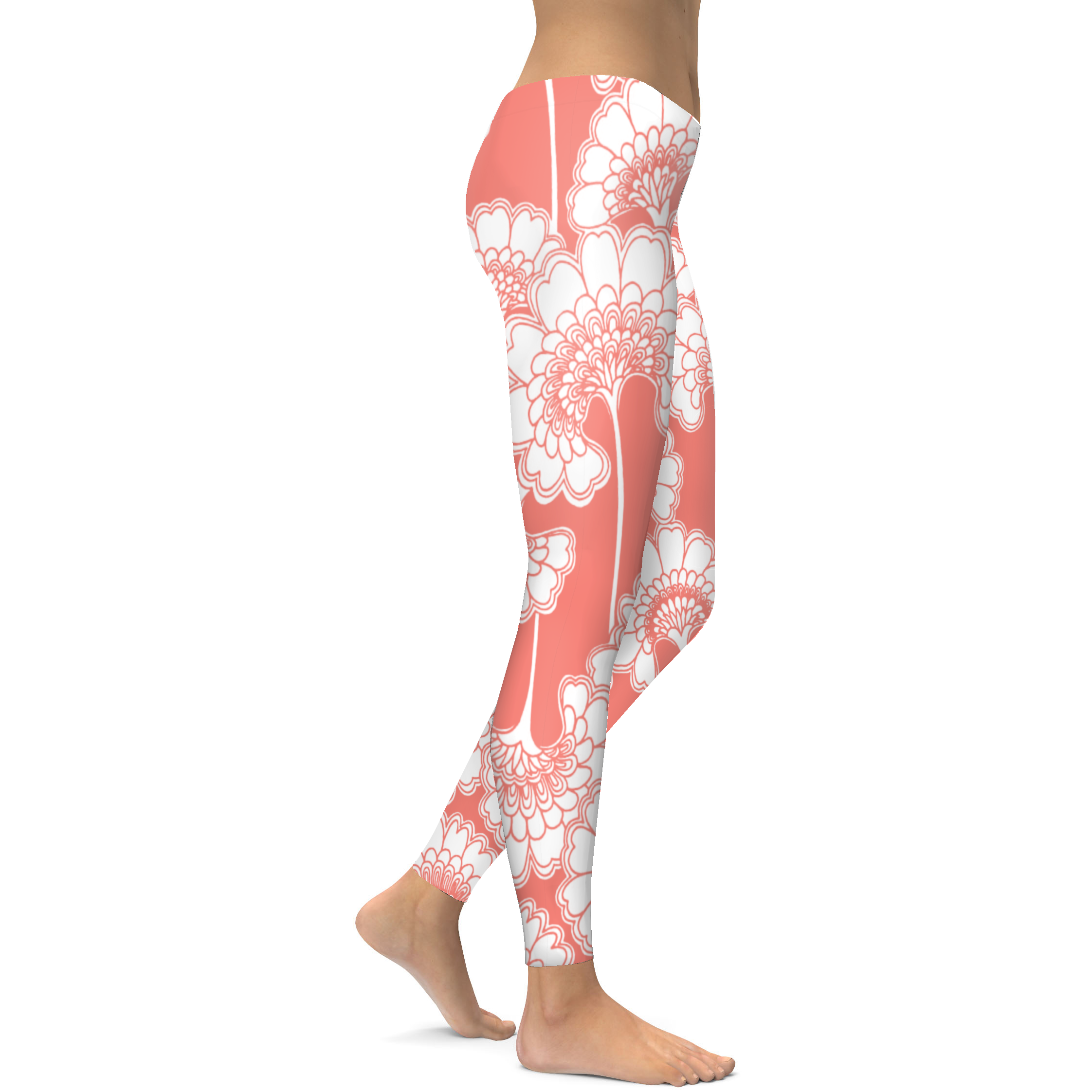 Coral Japanese Floral Leggings -Gearbunch