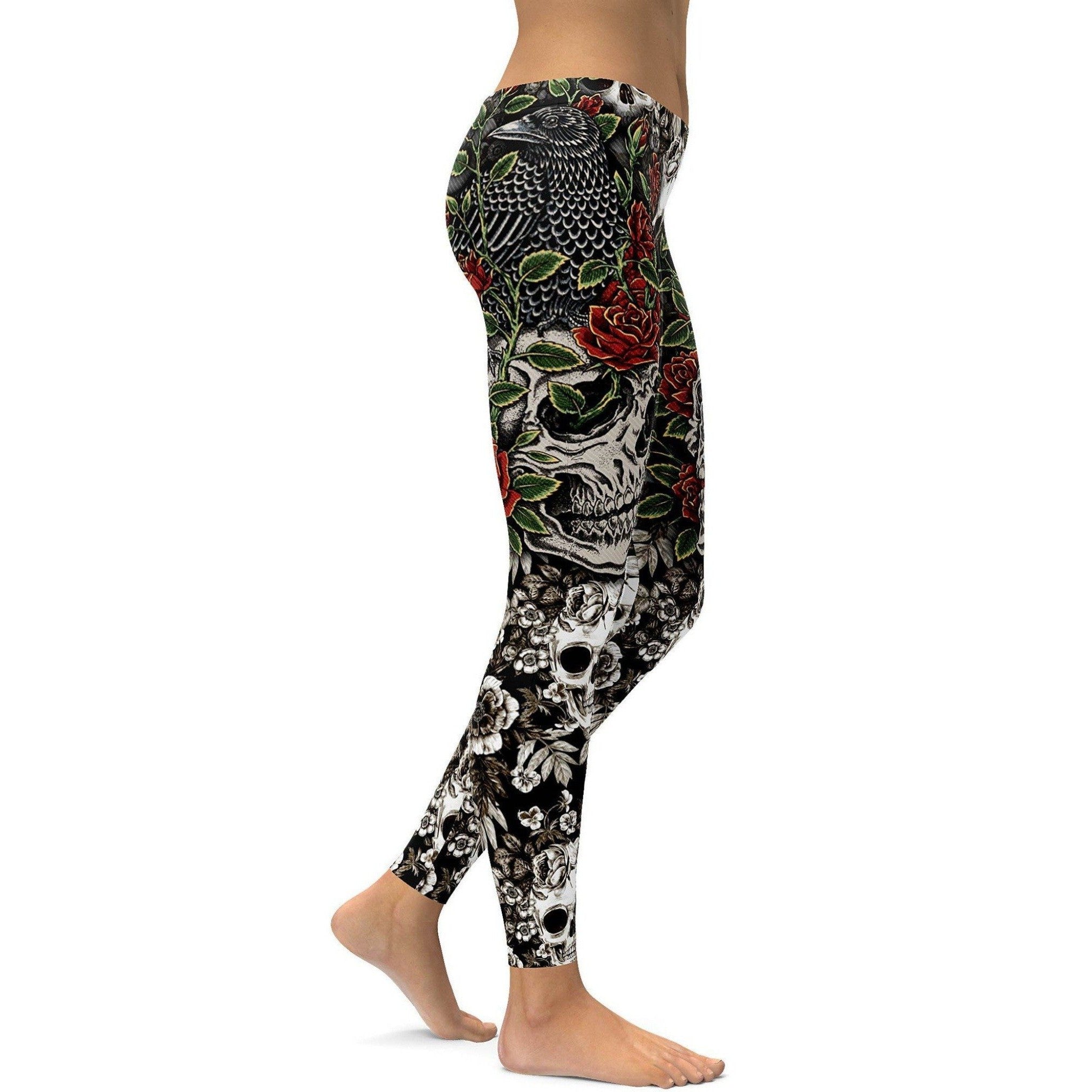 Womens Workout Yoga Skulls & Roses Leggings Black/Red/White | Gearbunch.com