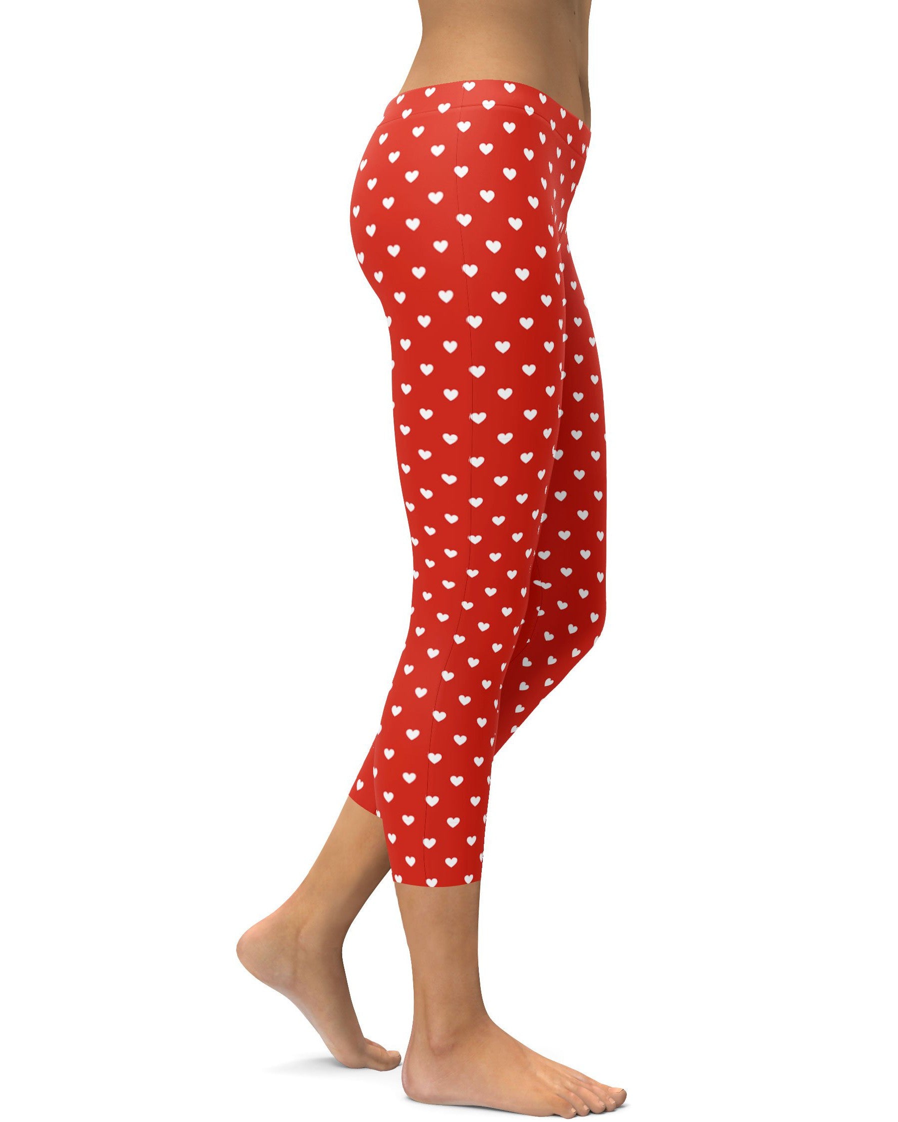 White Mini Hearts Red Capris - GearBunch Leggings / Yoga Pants