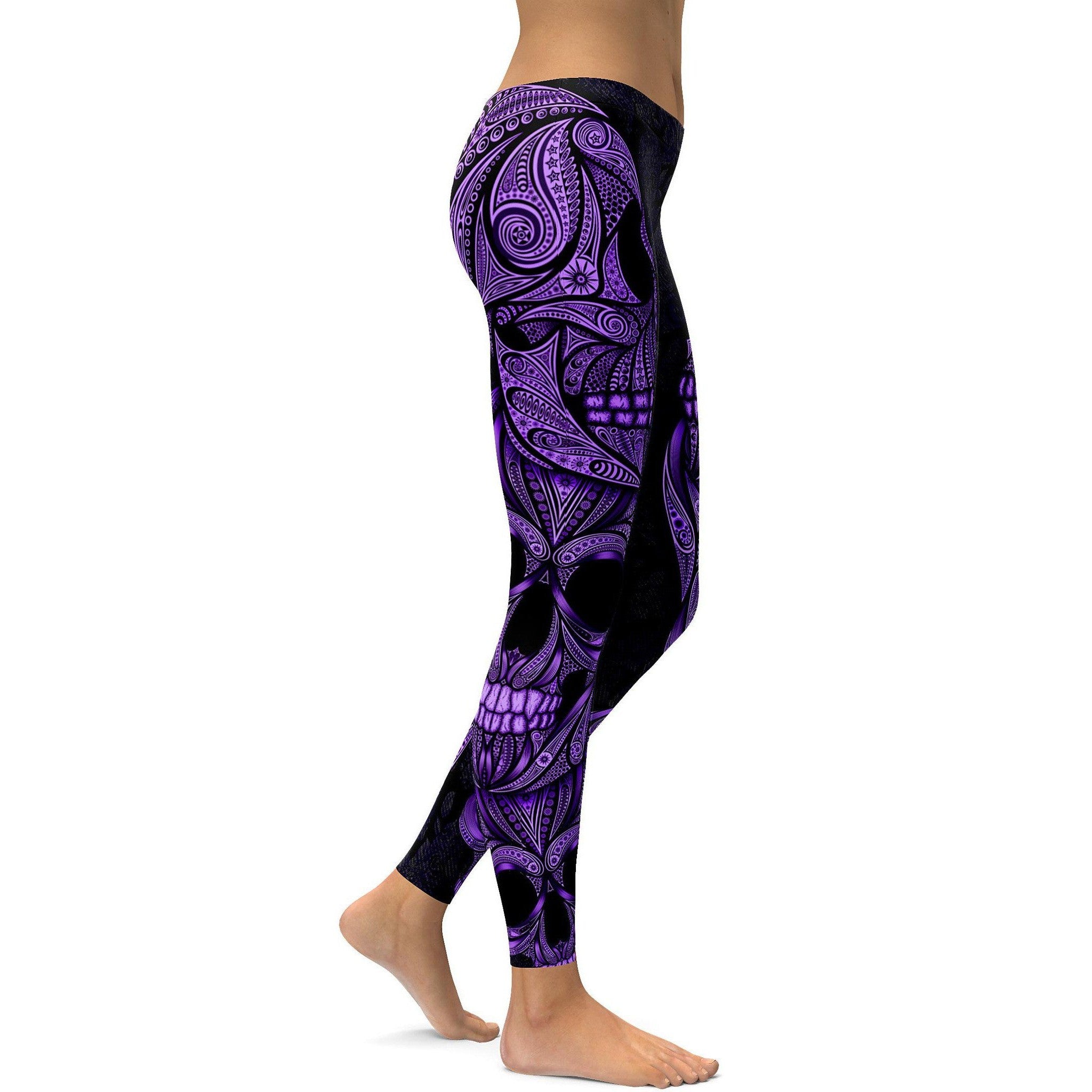 Womens Workout Yoga Purple Ornamental Skull Leggings | Gearbunch.com