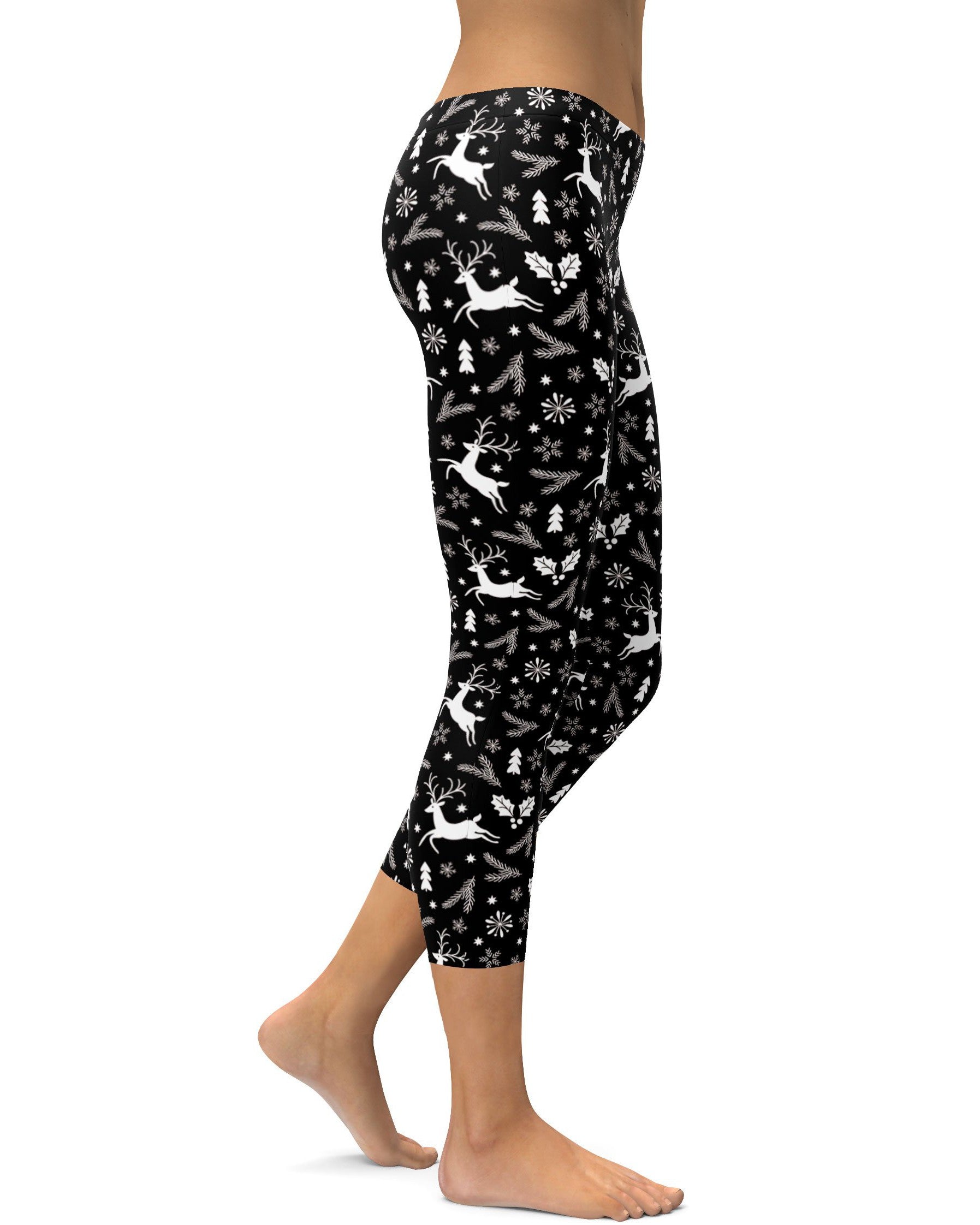 Black Reindeer Christmas Capris - GearBunch Leggings / Yoga Pants