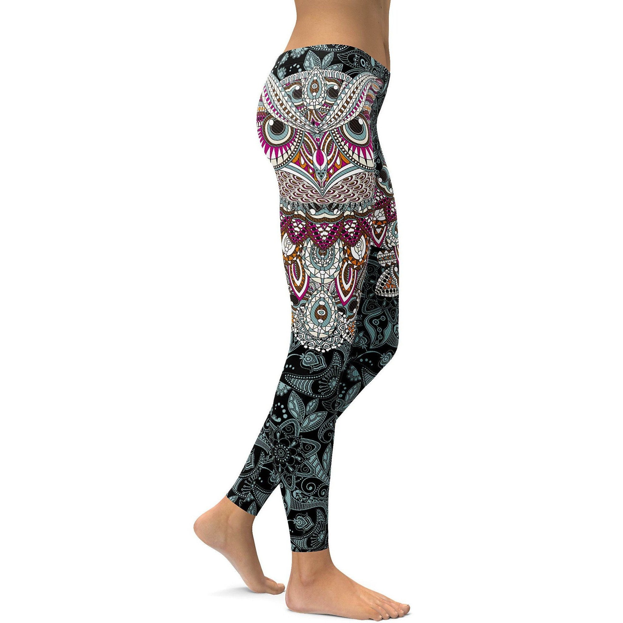 Womens Workout Yoga Ornamental Owl Leggings Pink/White/Black | Gearbunch.com