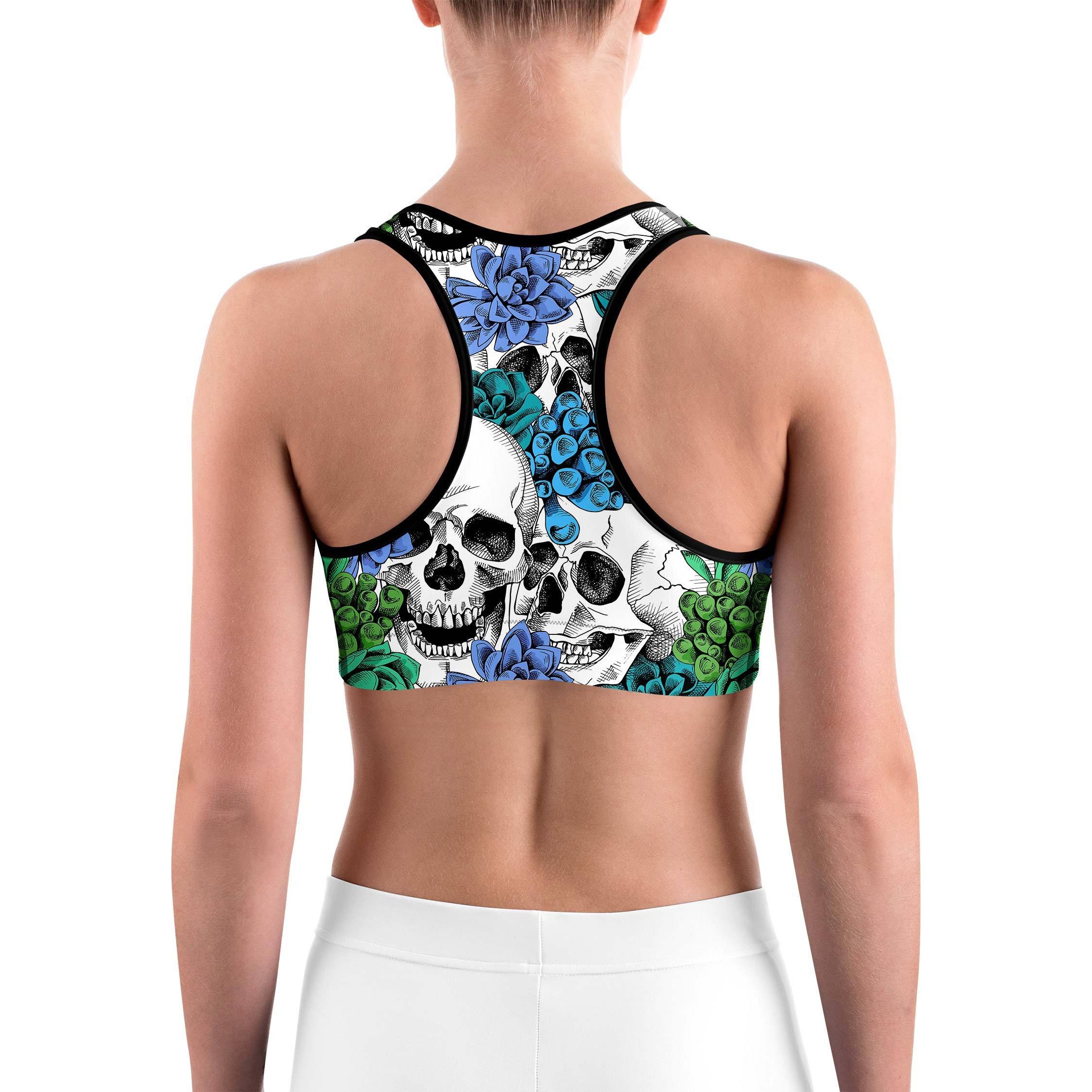 Blue Floral Skulls Sports bra - GearBunch Leggings / Yoga Pants