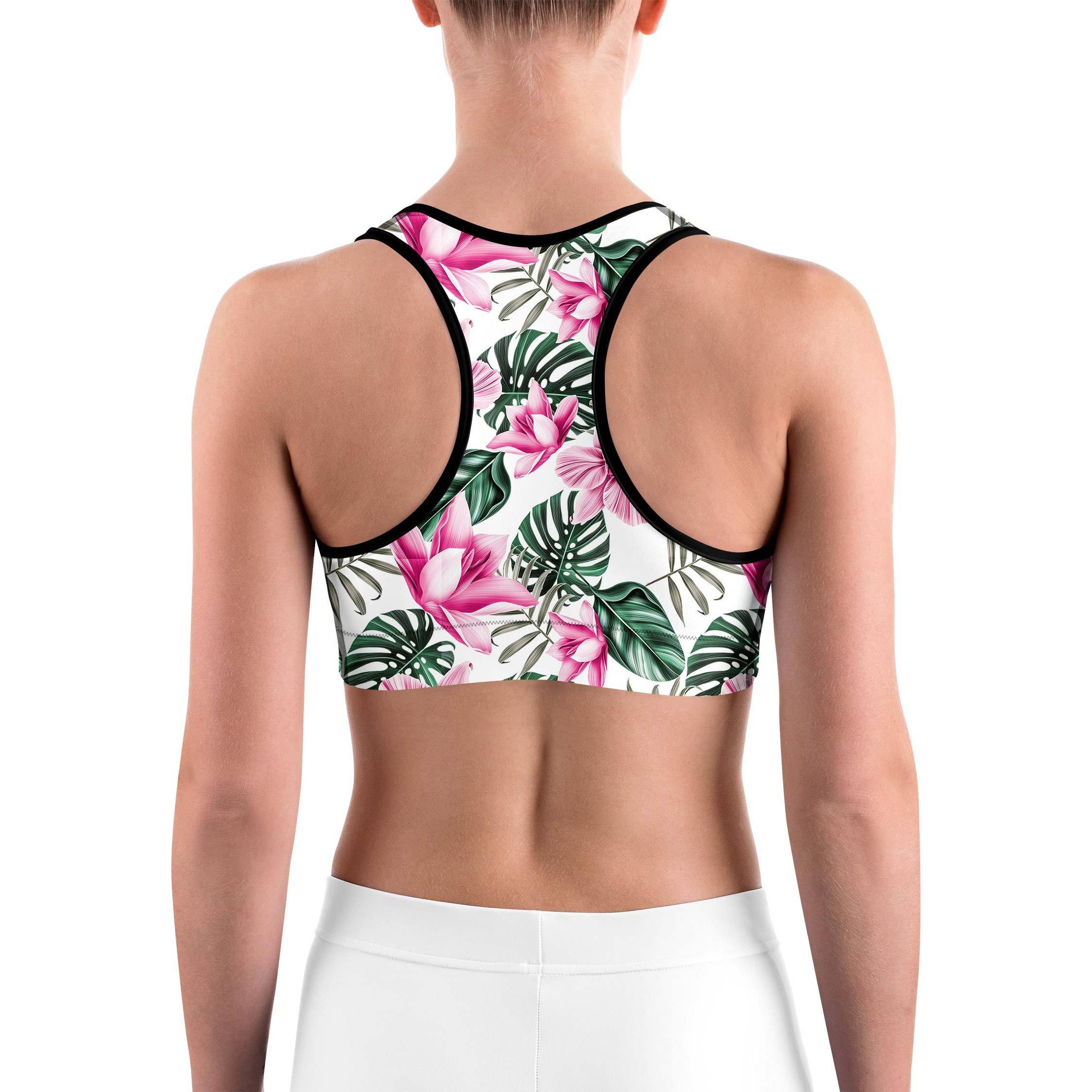 Tropical Floral White Sports Bra