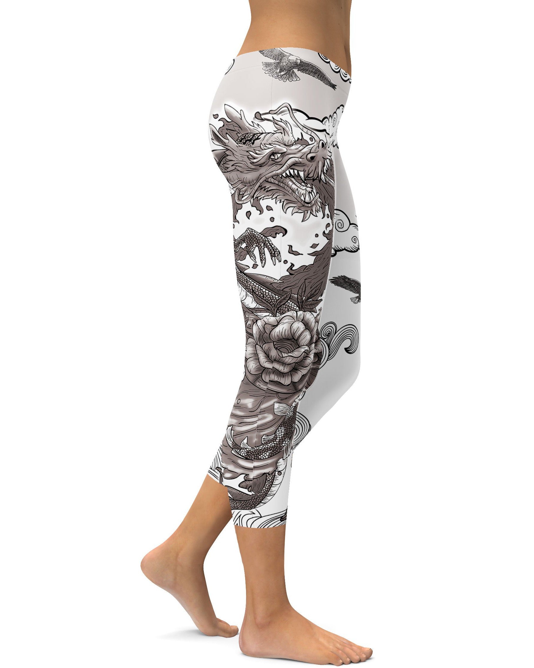 B&W Tattooed Dragon Capris - GearBunch Leggings / Yoga Pants